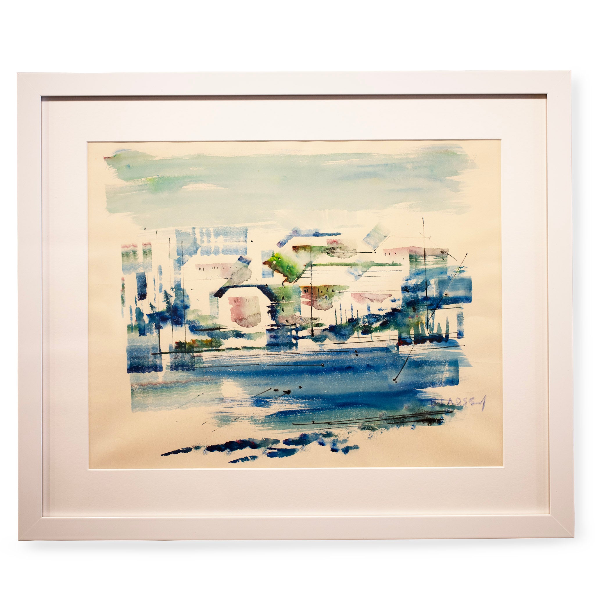 Original Alfred Birdsey Bermuda Coastal Watercolor – Pink Houses & Turquoise Sea
