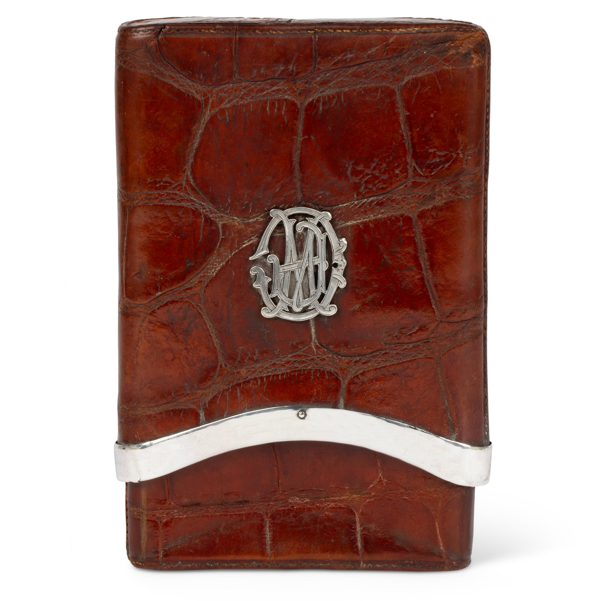 Antique English Crocodile & Sterling Monogramed Cigar Case