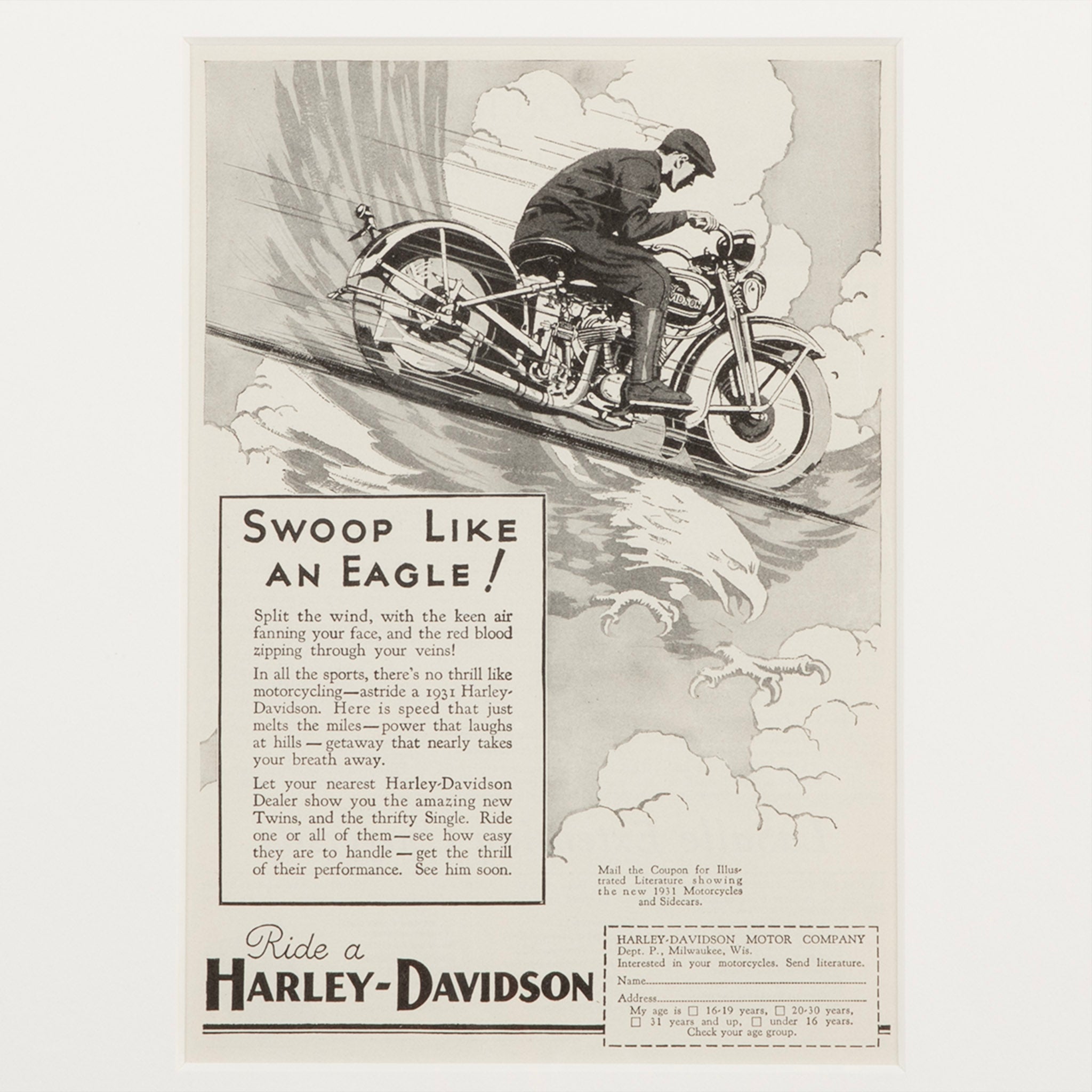 Framed 1931 Harley-Davidson Swoop like an Eagle! Advertisement