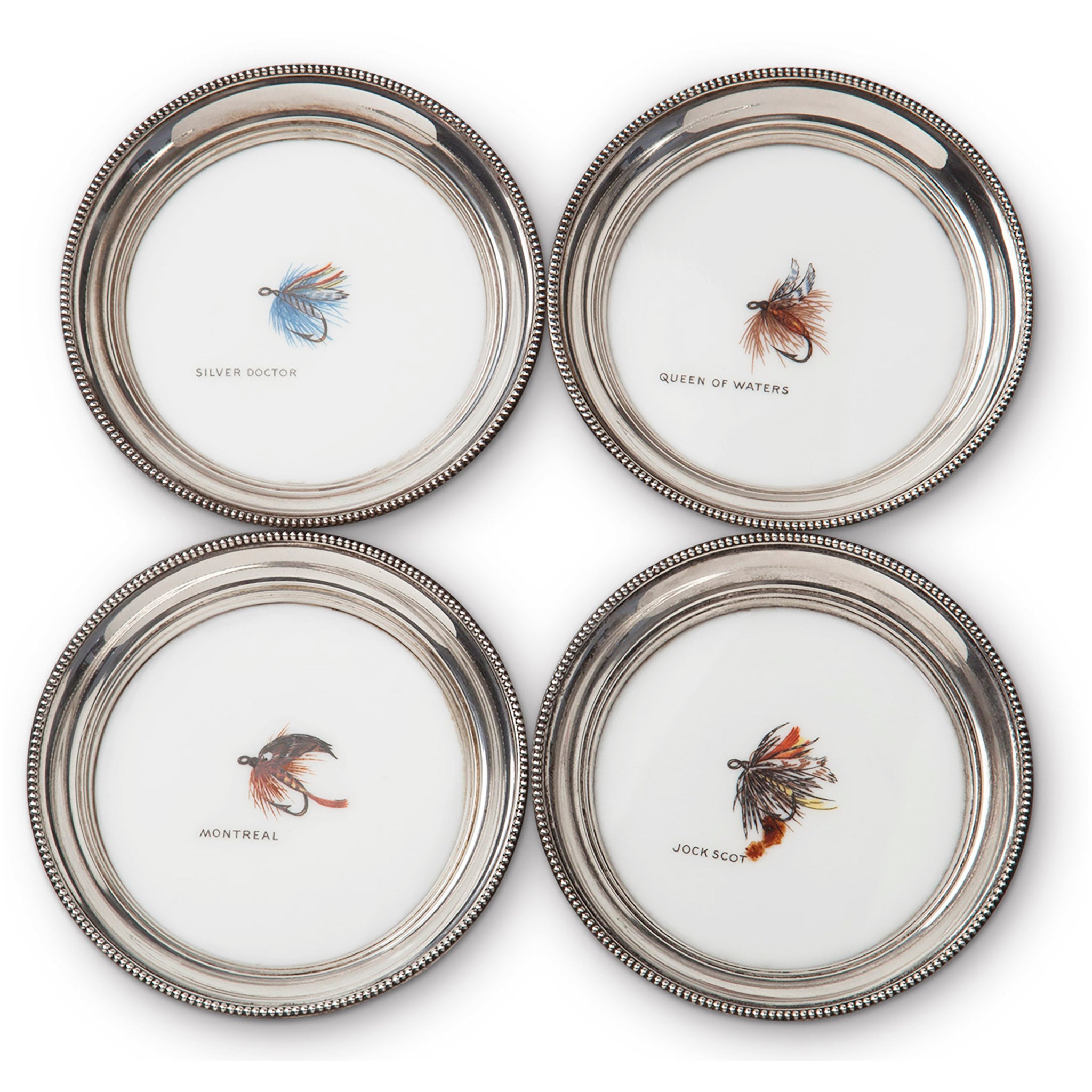 Midcentury Sterling Silver Fly Fishing Coaster Set