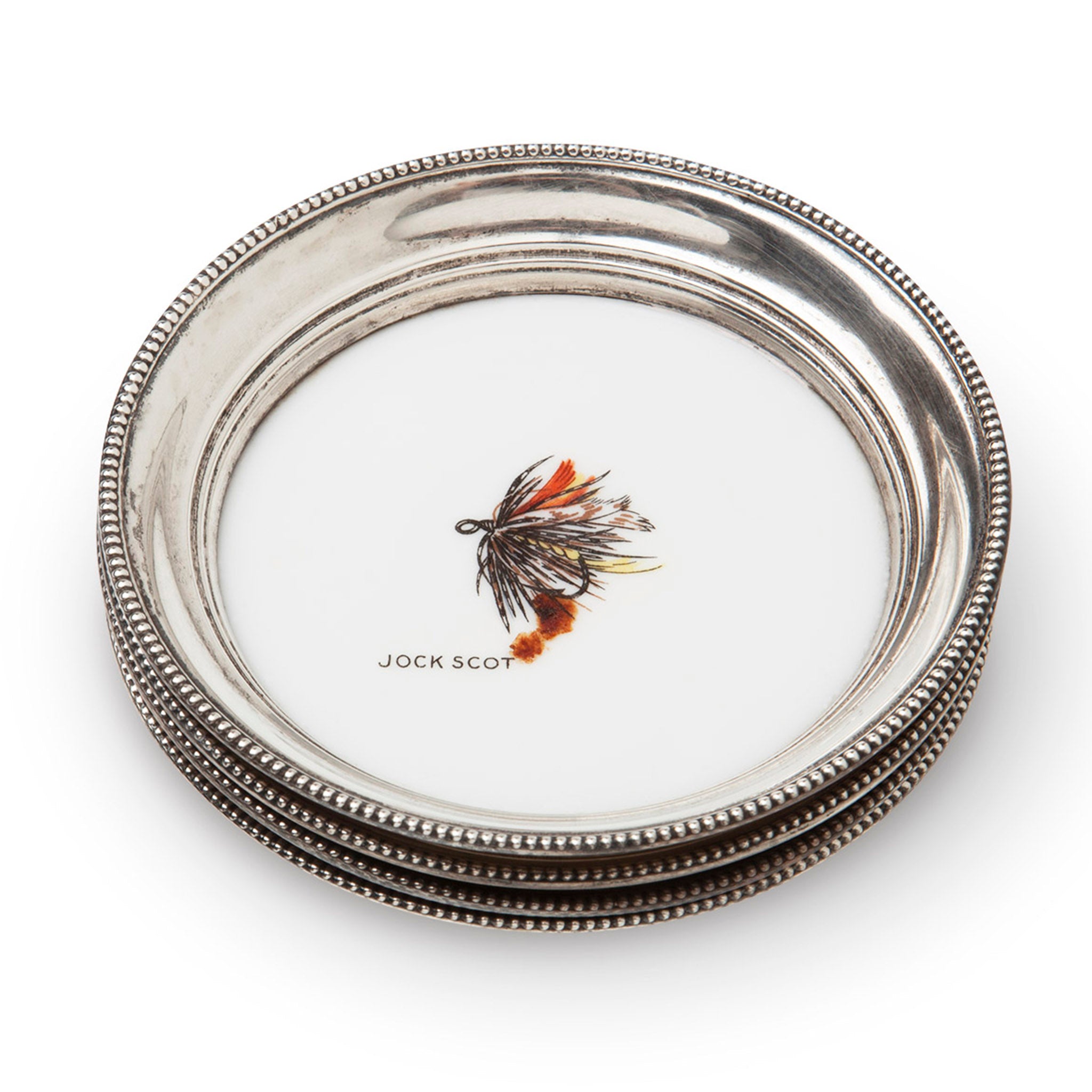 Midcentury Sterling Silver Fly Fishing Coaster Set