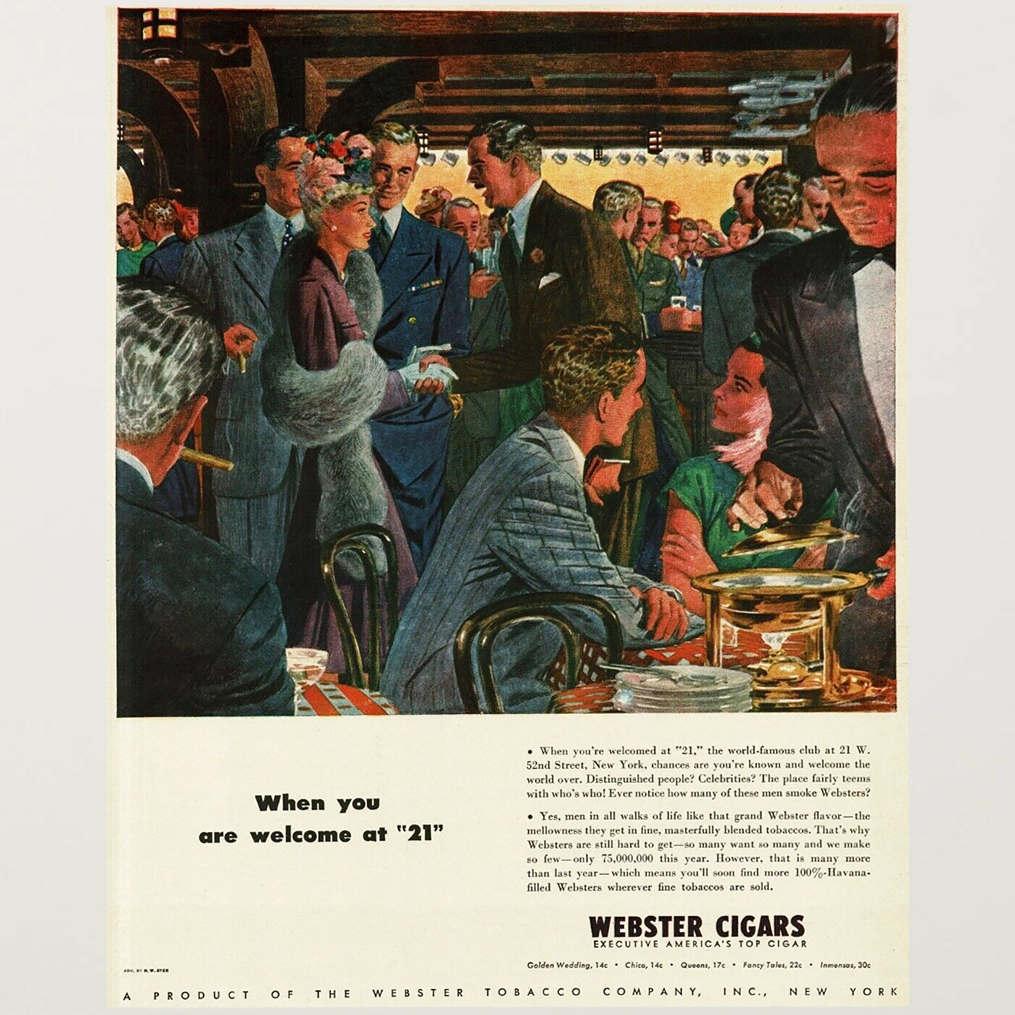 Framed '21' Club New York Cigar Advertisement