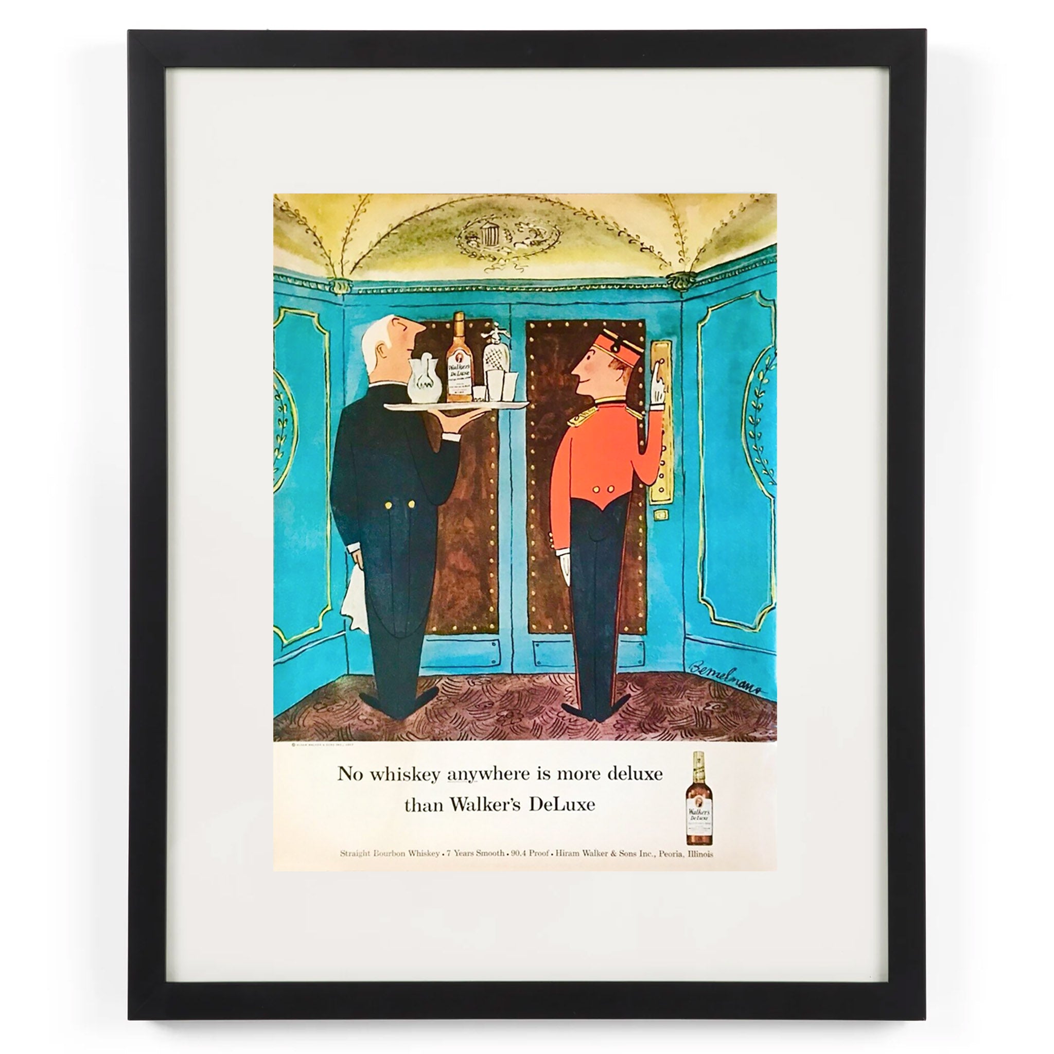 Framed Ludwig Bemelmans Walker's deLuxe Bourbon Bellhop Ad