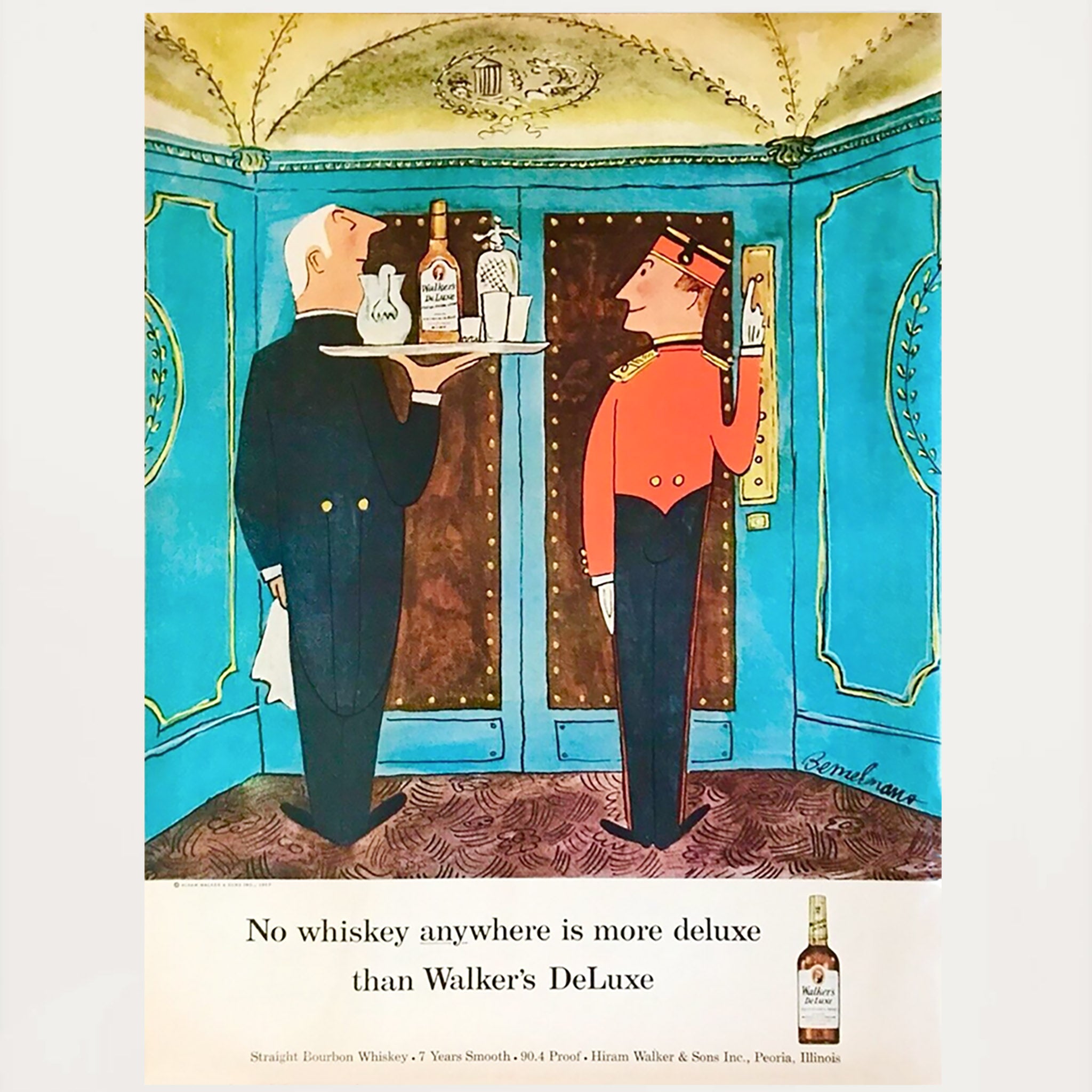 Framed Ludwig Bemelmans Walker's deLuxe Bourbon Bellhop Ad