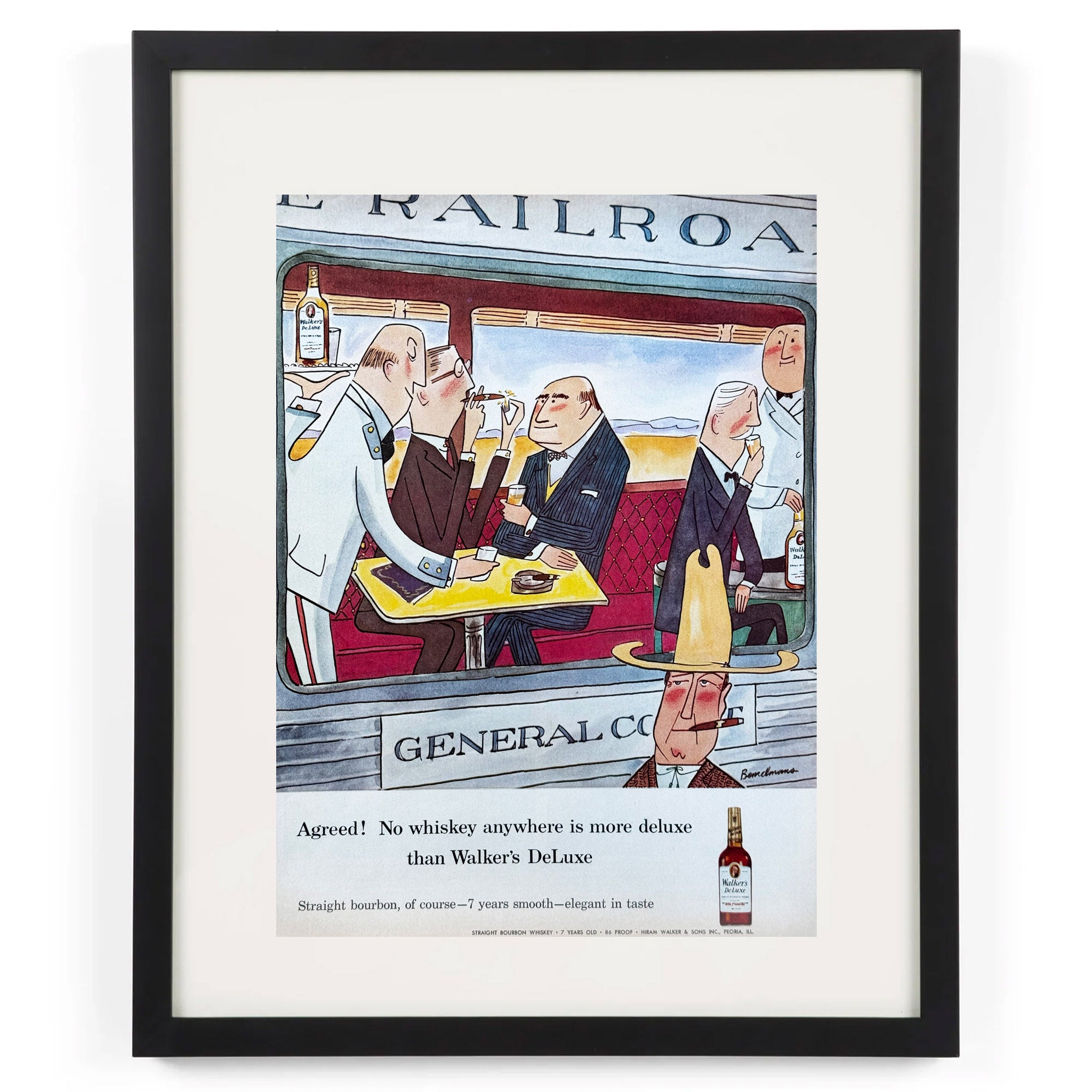 Framed Ludwig Bemelmans Walker's deLuxe Bourbon Railroad Ad