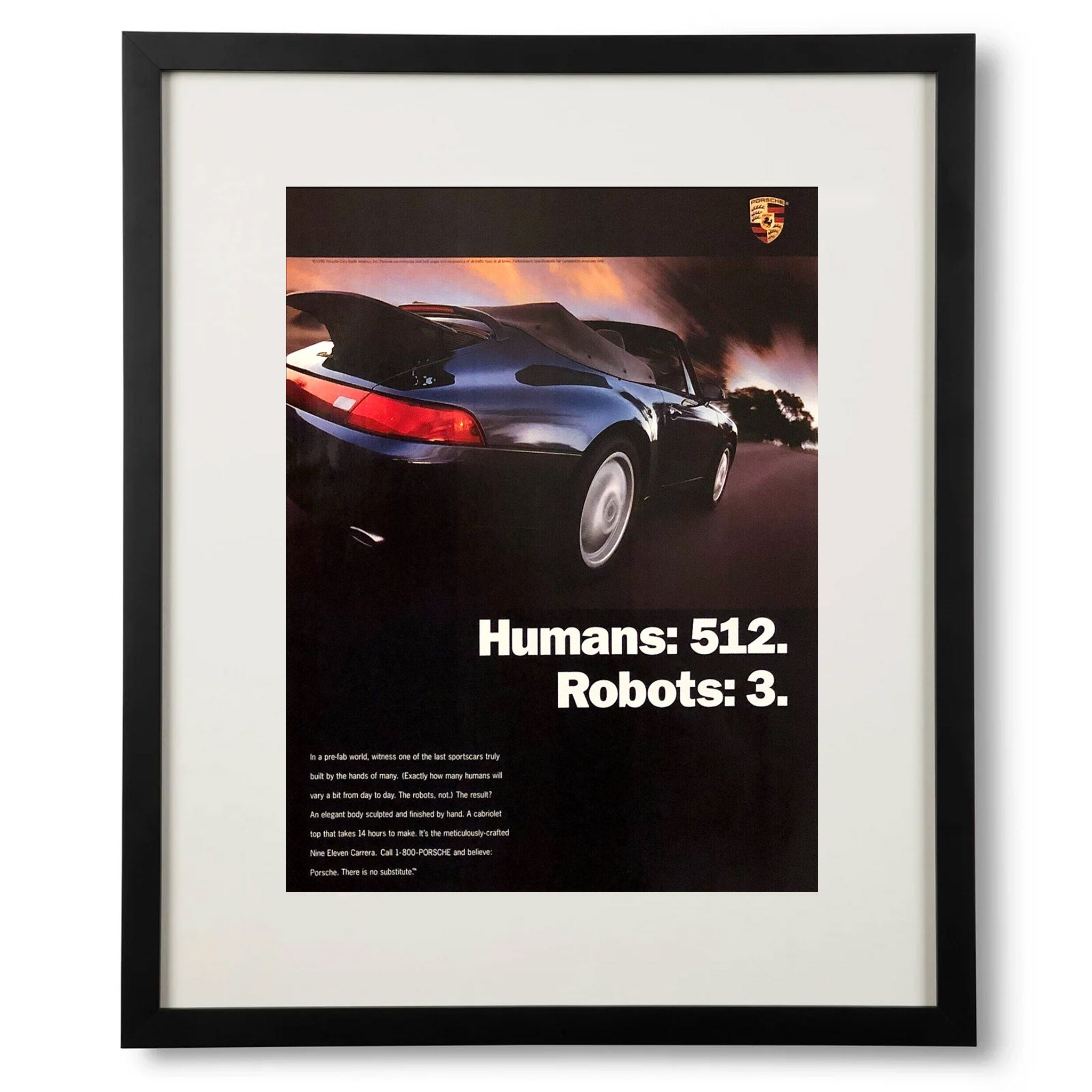 Framed Porsche 911 Cabriolet “Humans: 512. Robots: 3." Advertisement