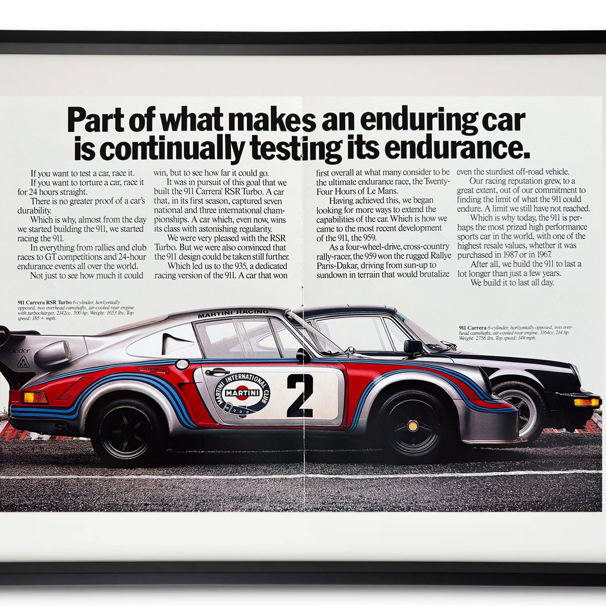 Framed Porsche “Enduring Car” Two-Page Advertisement — 911 Carrera RSR Turbo & 911 Carrera