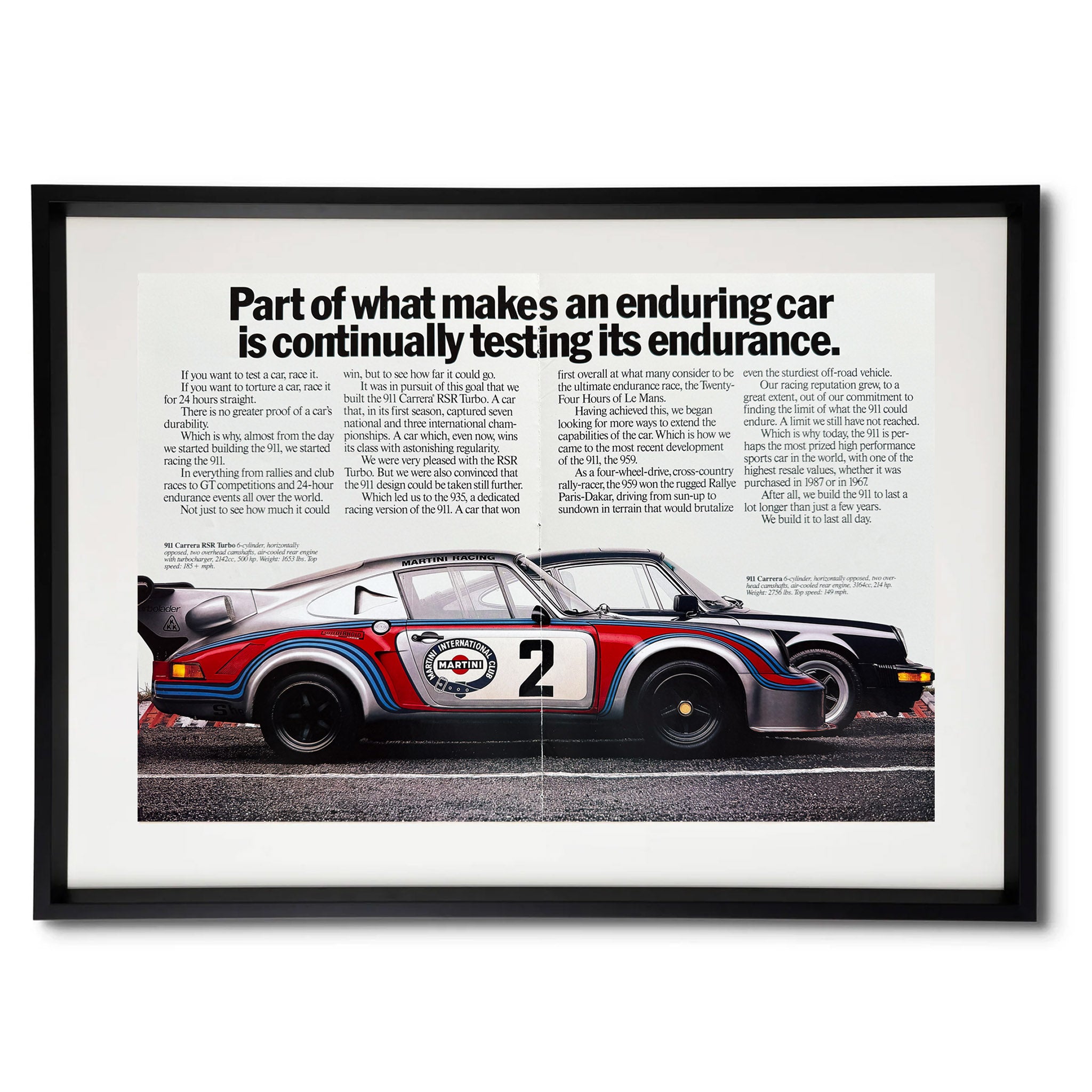 Framed Porsche “Enduring Car” Two-Page Advertisement — 911 Carrera RSR Turbo & 911 Carrera