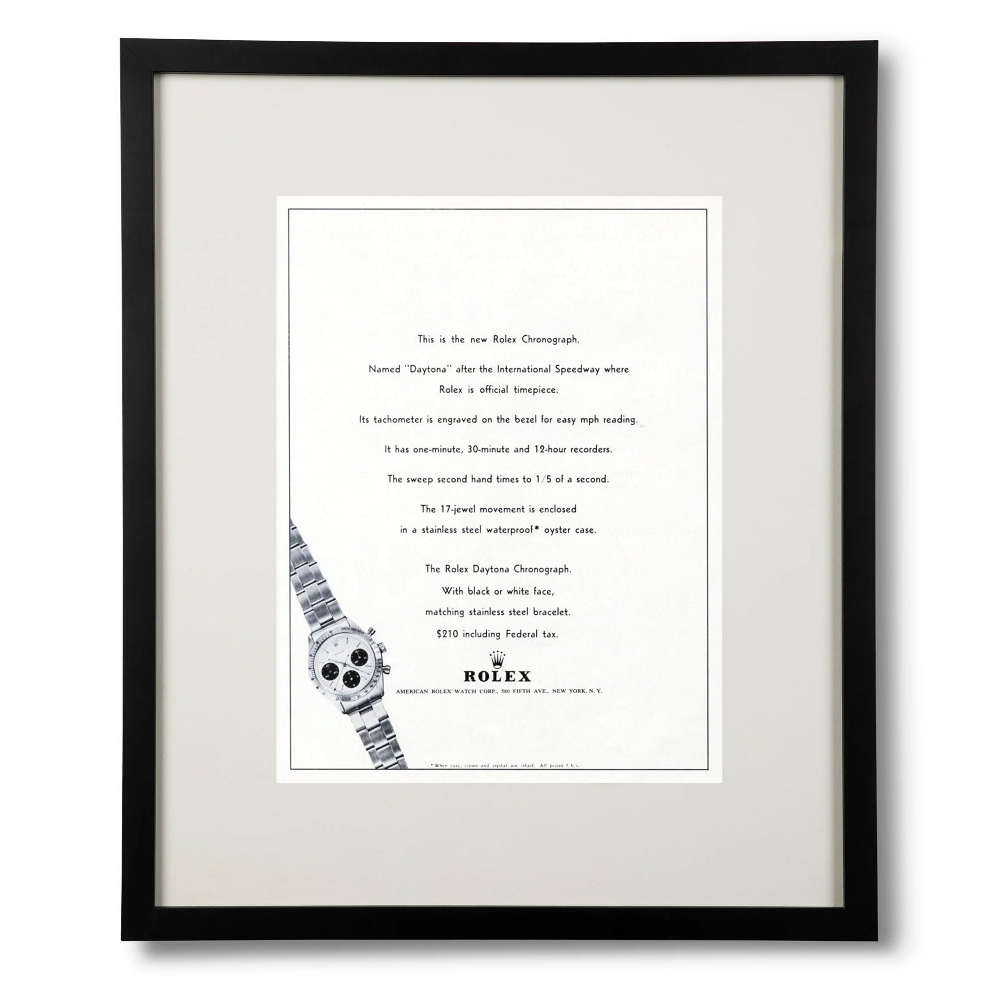Framed 1960s Rolex Daytona Chronograph Advertisement