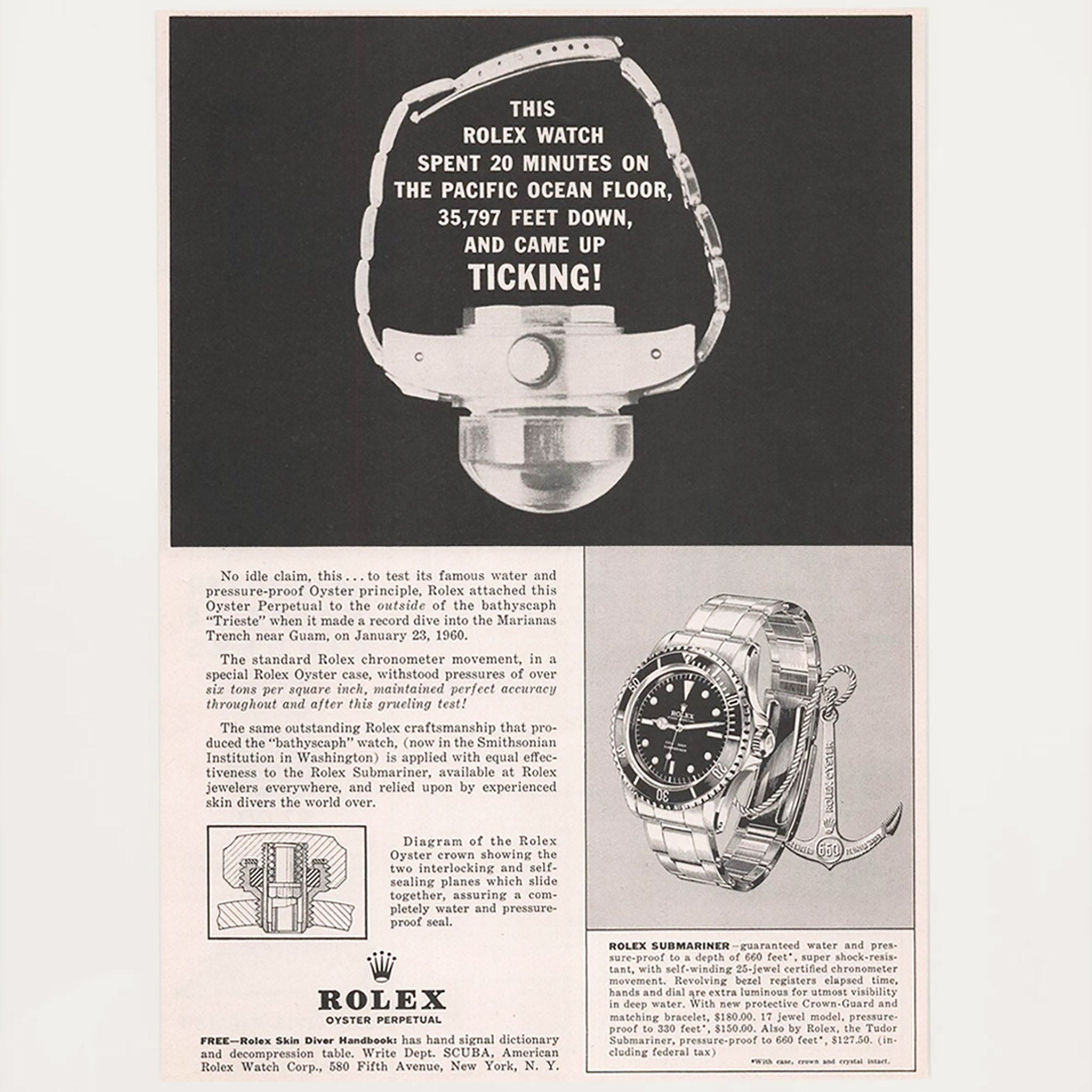 Framed Vintage Rolex Submariner Marina Trench Advertisement