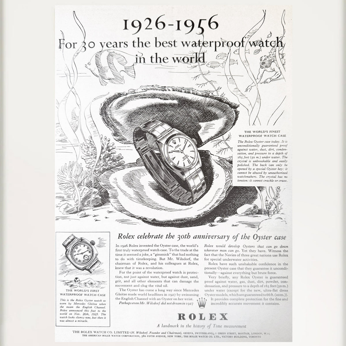 Framed 1956 Rolex Oyster 30th Anniversary Advertisement
