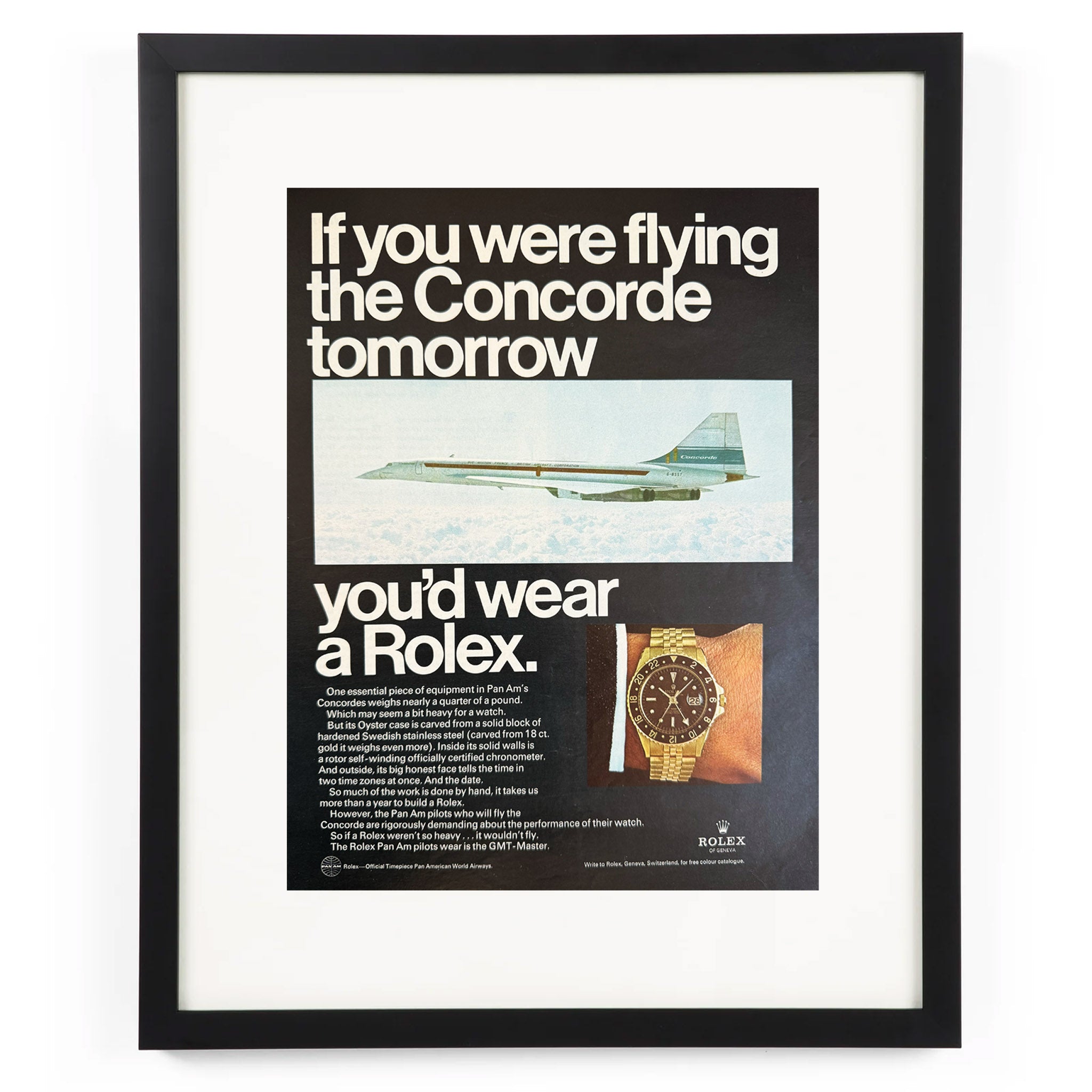 Framed Vintage Rolex GMT-Master Gold Concorde Jet Ad
