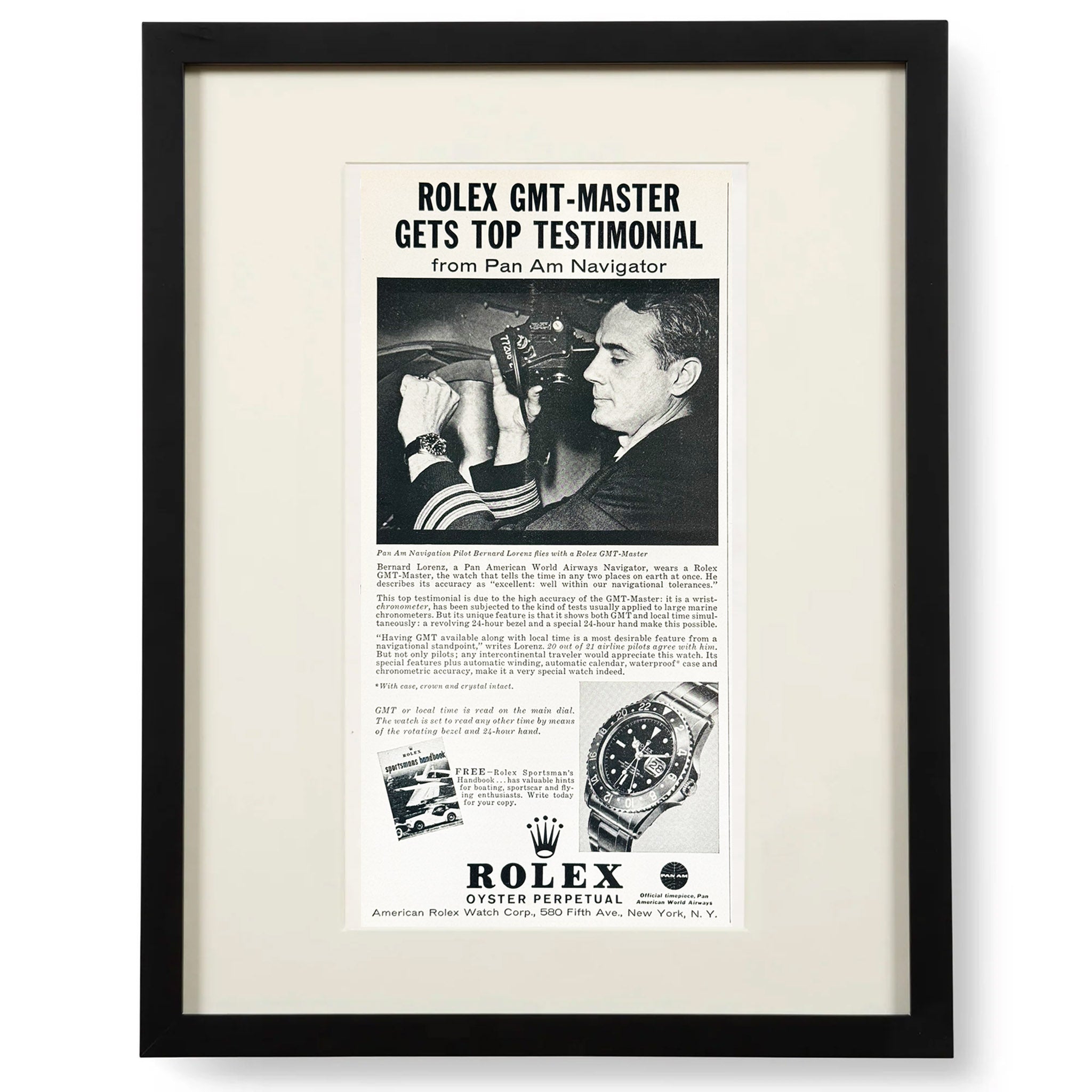 Framed Vintage Rolex GMT-Master “Gets Top Testimonial” Pan Am Jet-Age Advertisement