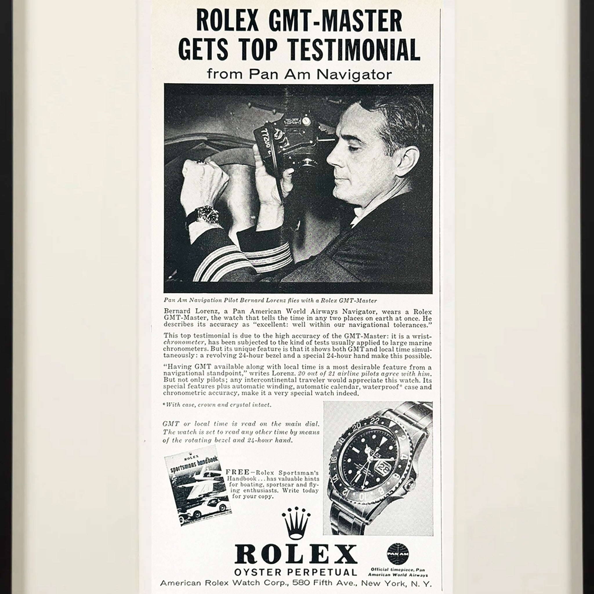 Framed Vintage Rolex GMT-Master “Gets Top Testimonial” Pan Am Jet-Age Advertisement