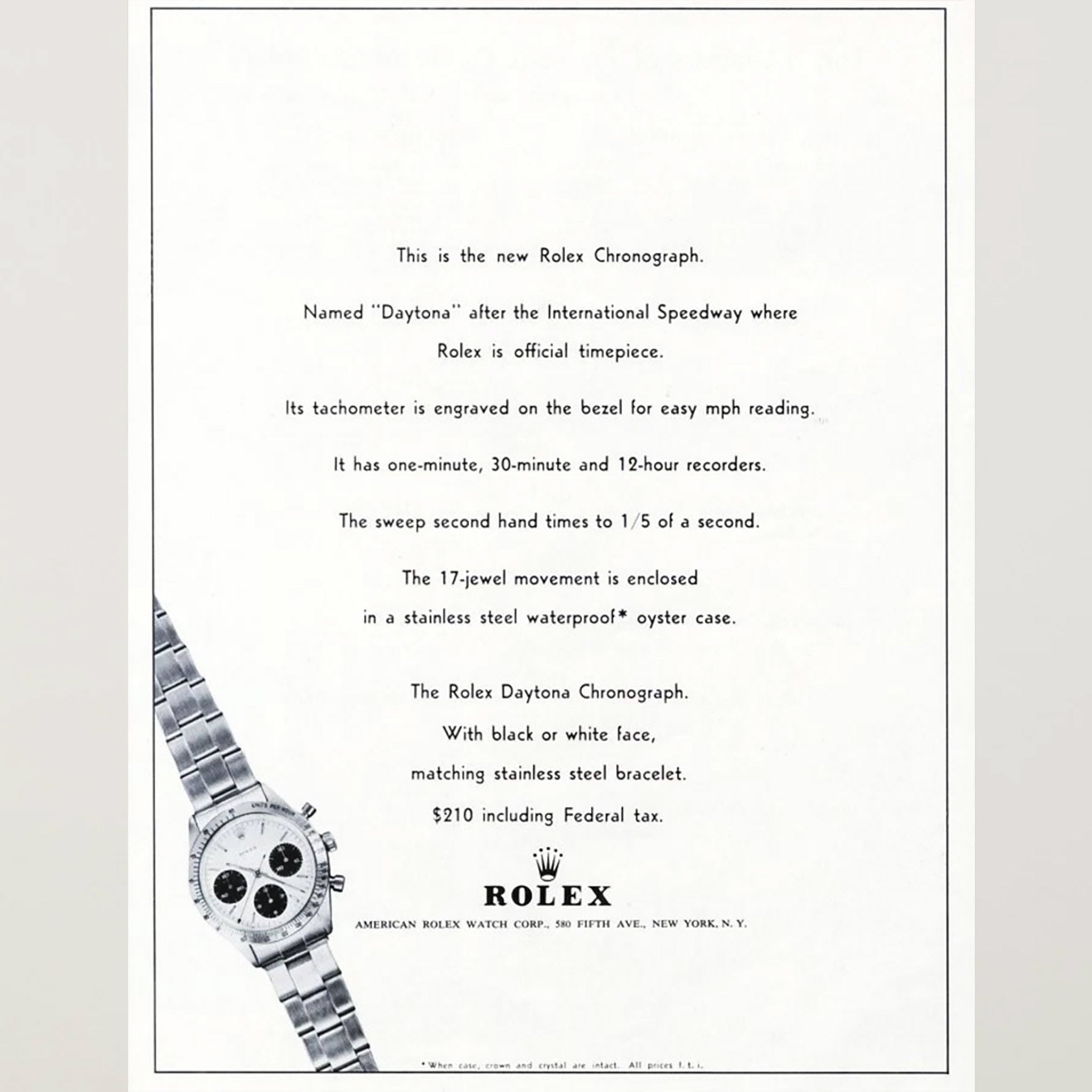 Framed 1960s Rolex Daytona Chronograph Advertisement