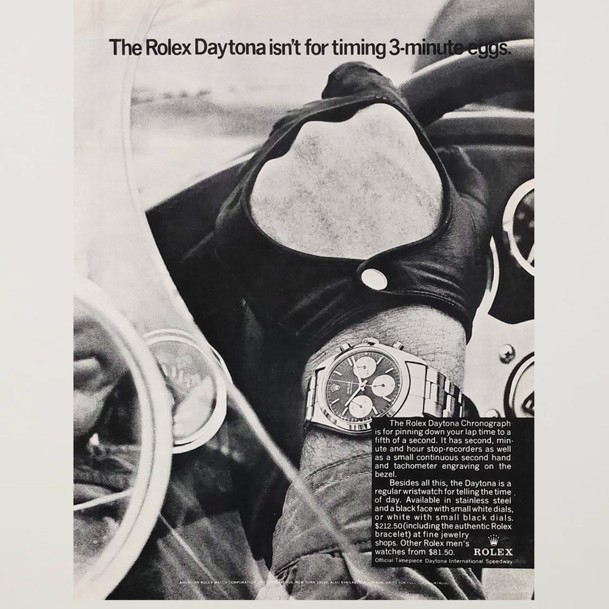 Framed Rolex Daytona “Not for Timing 3-Minute Eggs” Vintage Racing Ad