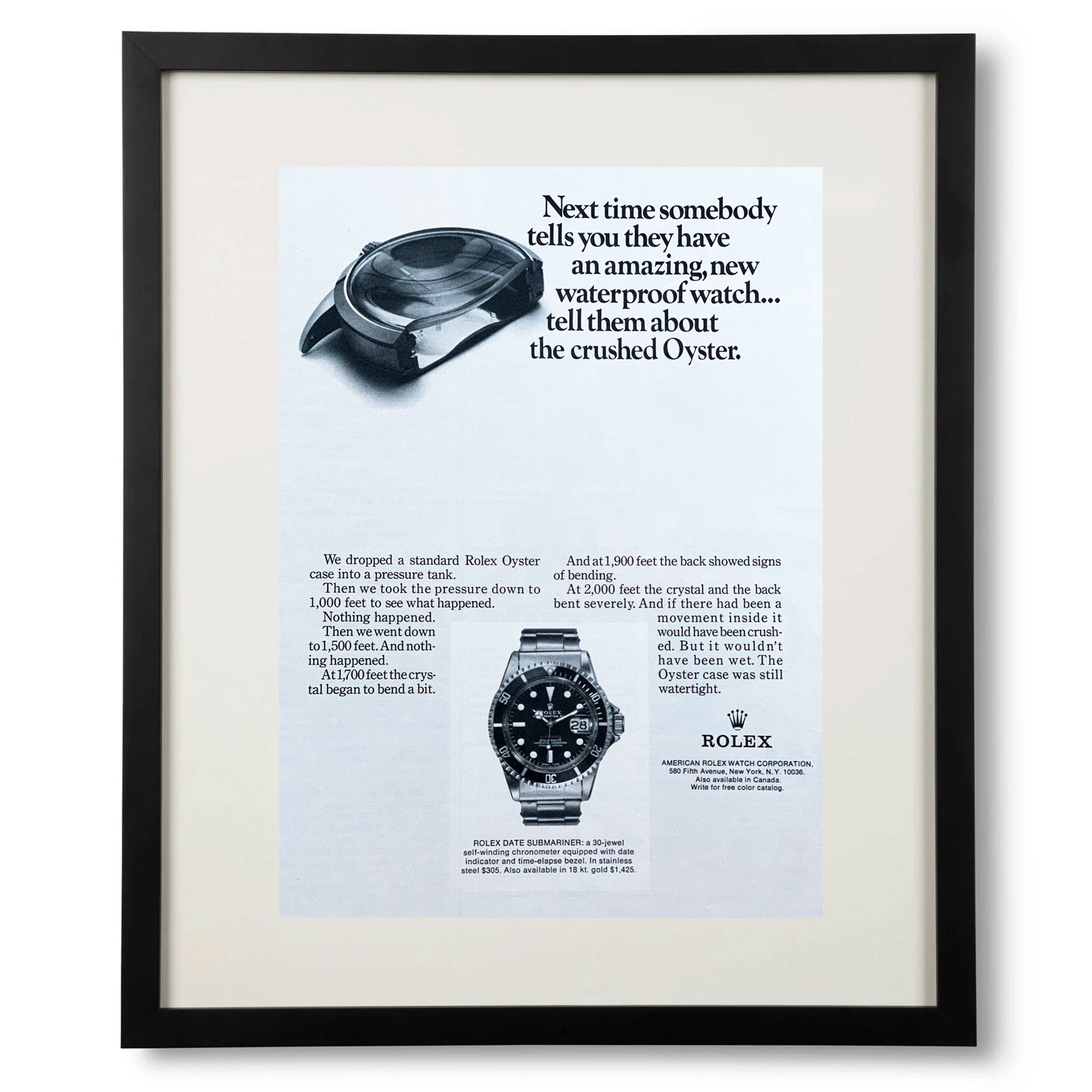 Framed Rolex Submariner Crushed Oyster Advertisement