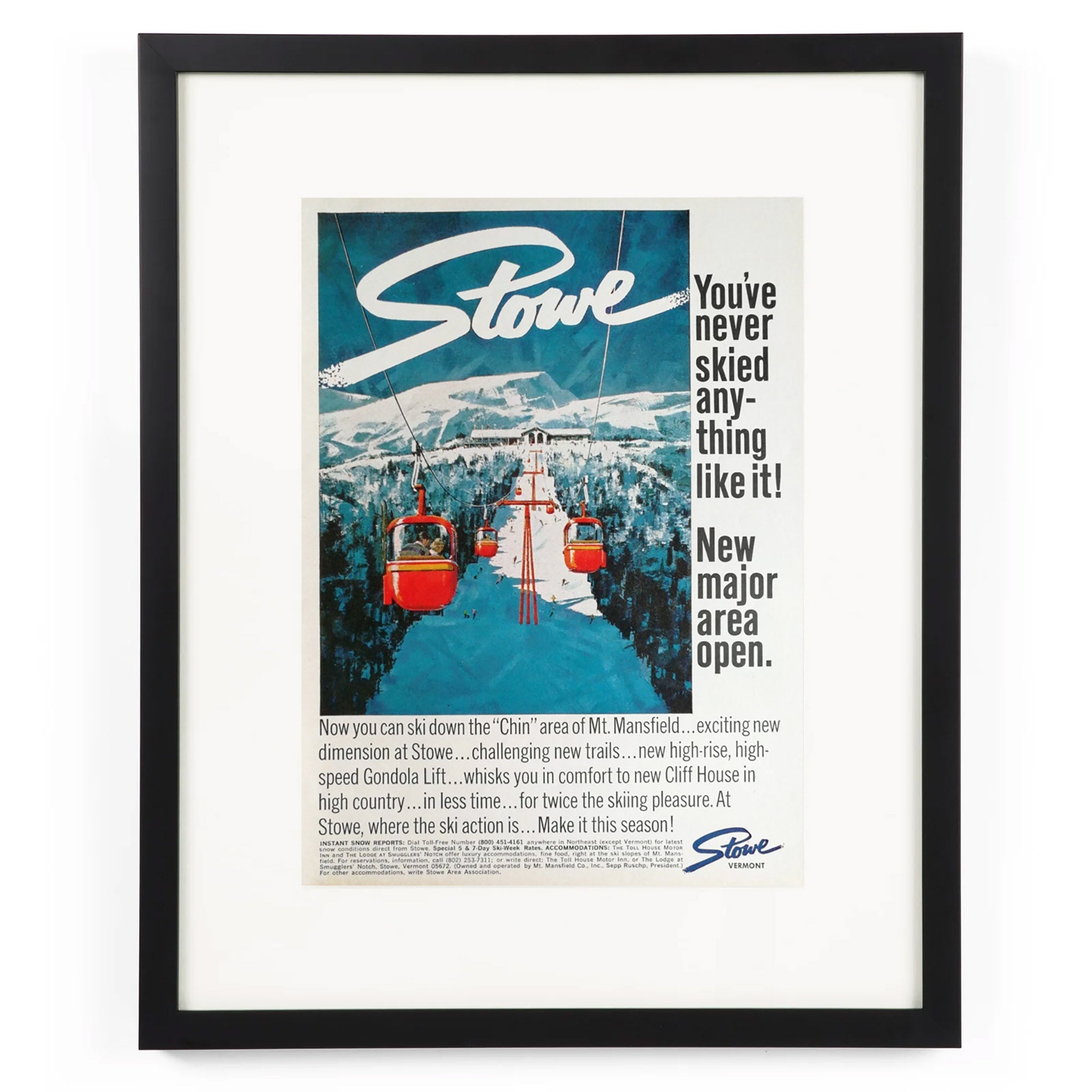 Framed 1968 Stowe Vermont Skiing Advertisement