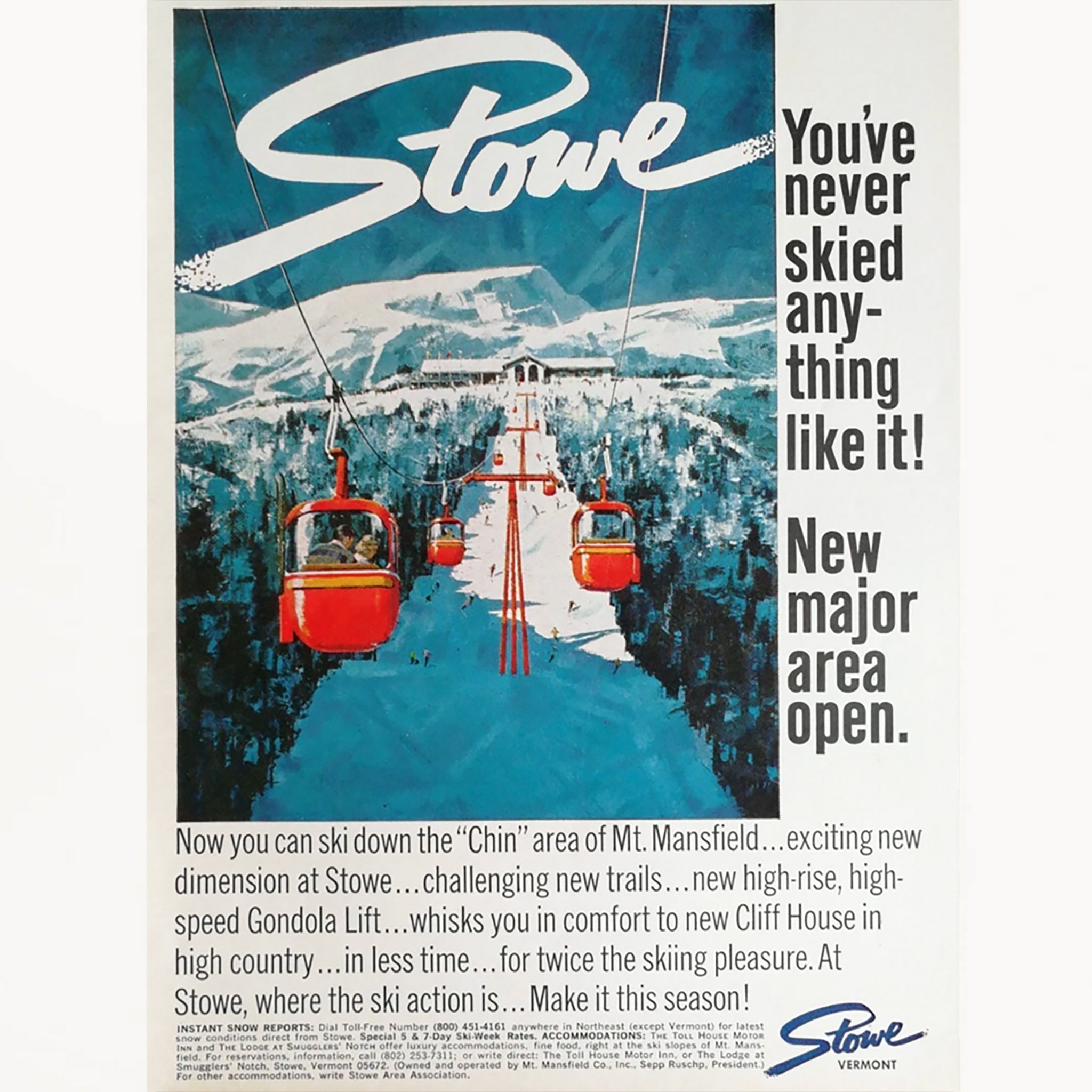Framed 1968 Stowe Vermont Skiing Advertisement