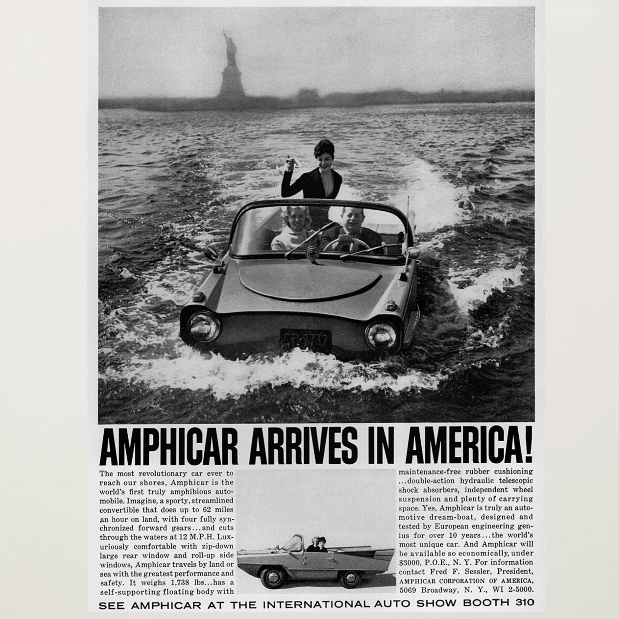 Framed Amphicar Arrives in America! Advertisement
