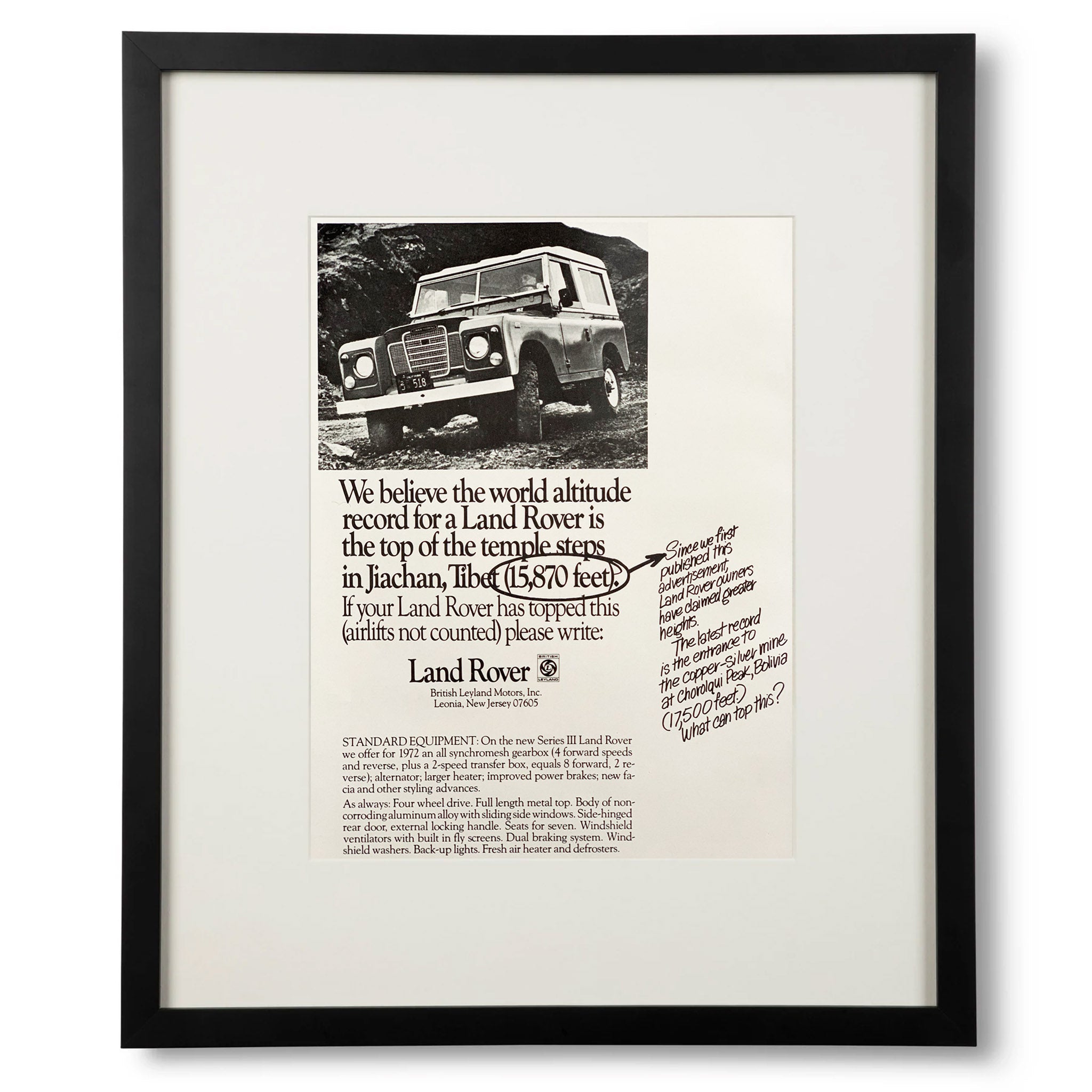 Framed the Land Rover Series III Altitude Record Advertisement