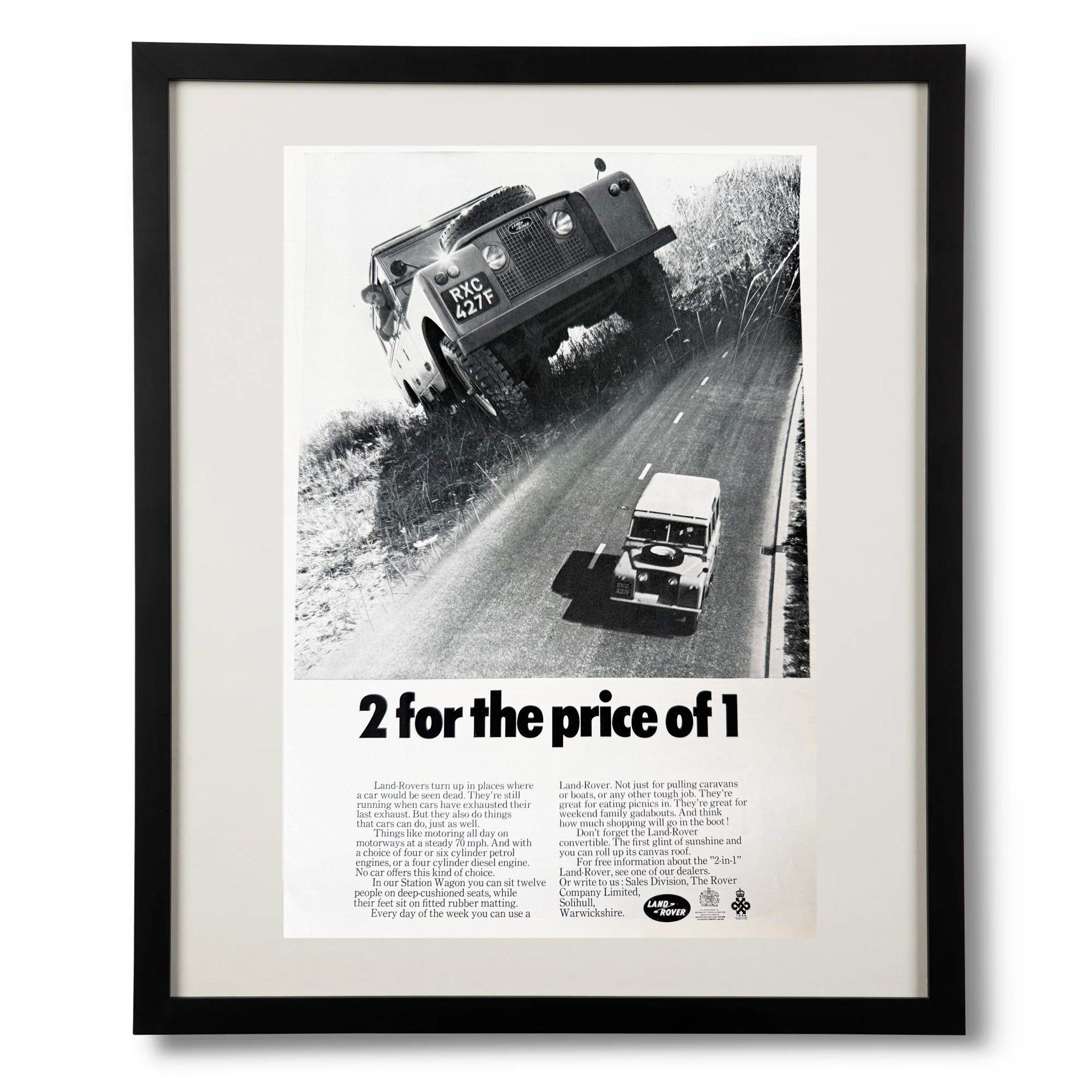 Framed Vintage Land Rover "2 For the Price of 1" Advertisement
