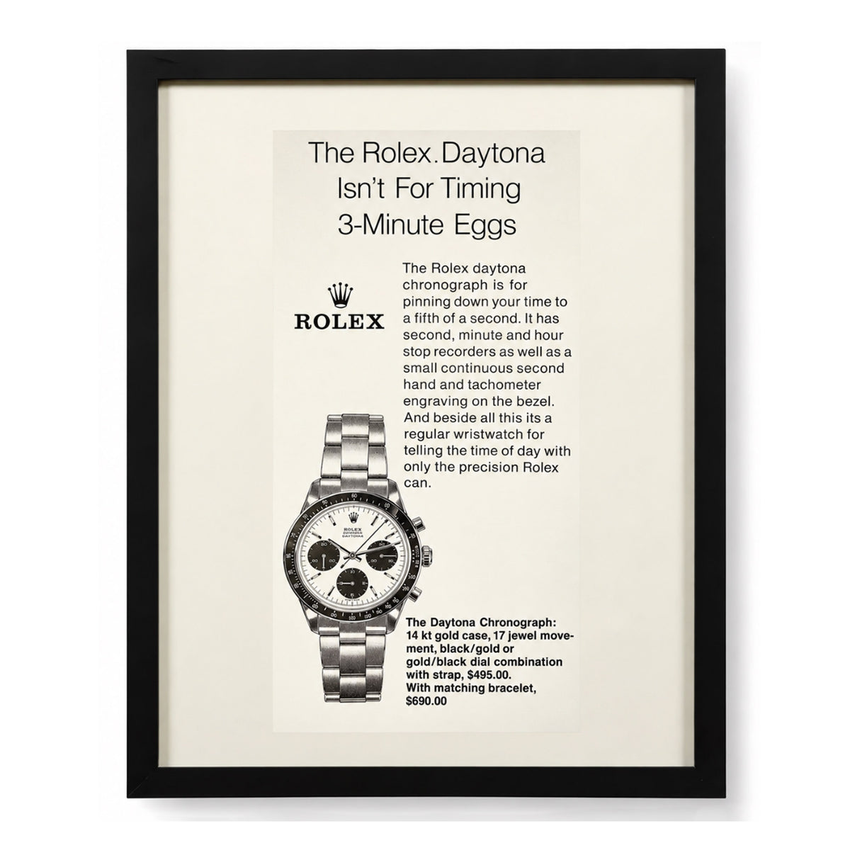 Framed Vintage Rolex Daytona “3-Minute Egg Timer” Advertisement