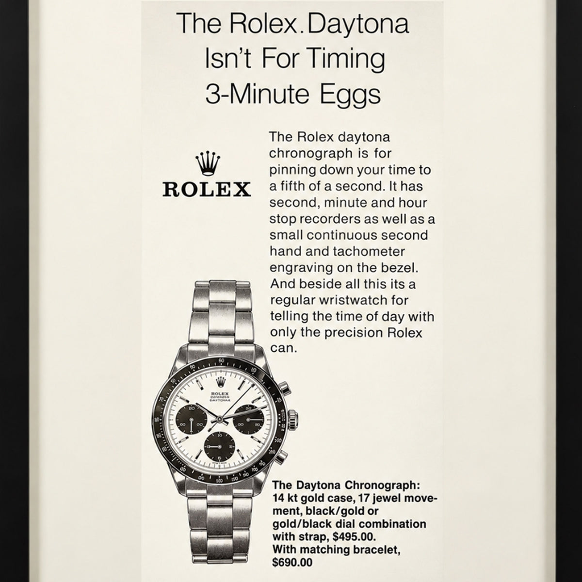 Framed Vintage Rolex Daytona “3-Minute Egg Timer” Advertisement