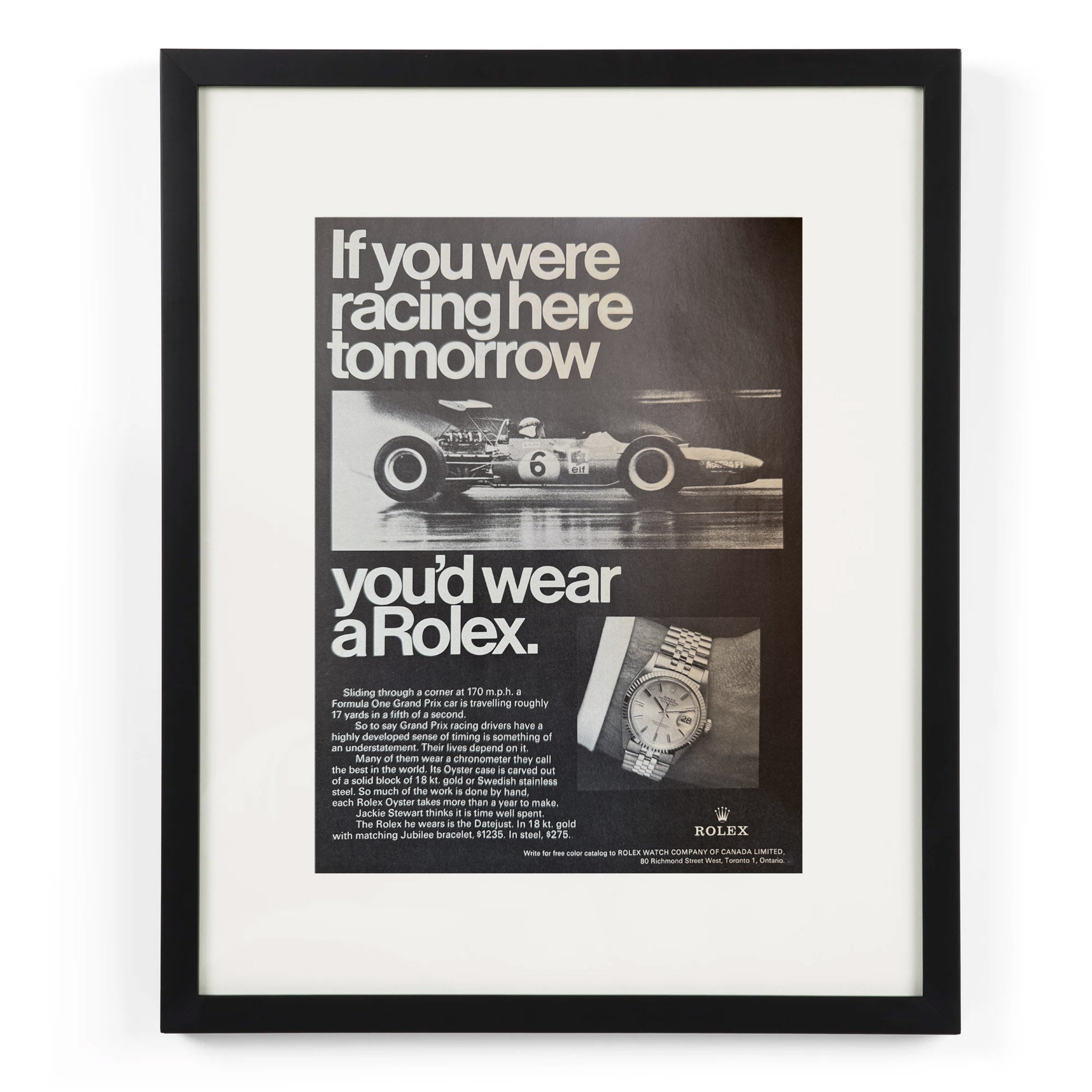 Framed Rolex Advertisement – Jackie Stewart & Formula One Grand Prix Racing