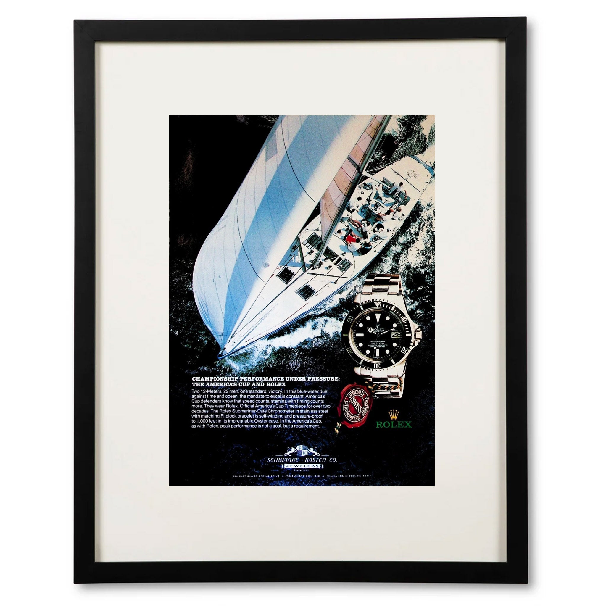 Framed 1984 Rolex Submariner America's Cup Yacht Racing Advertisement