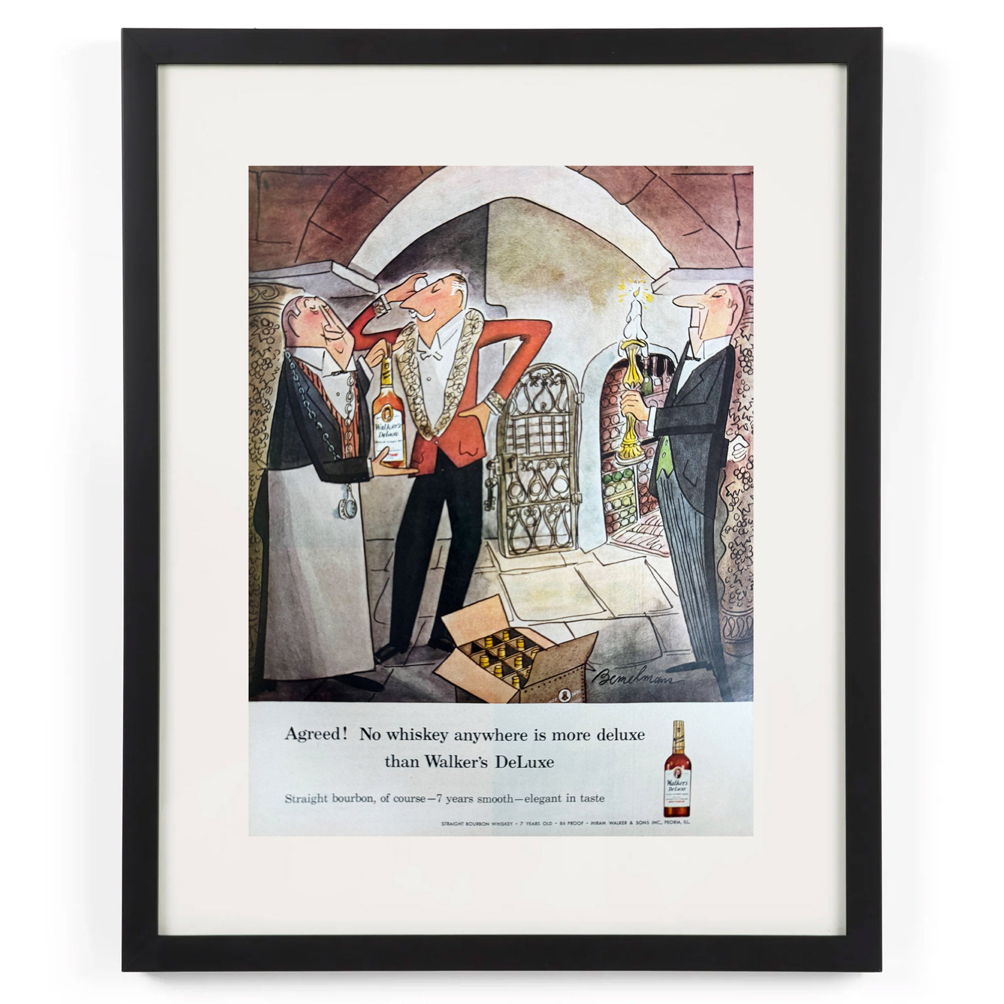 Framed Ludwig Bemelmans Walker's deLuxe Bourbon Wine Cellar Ad