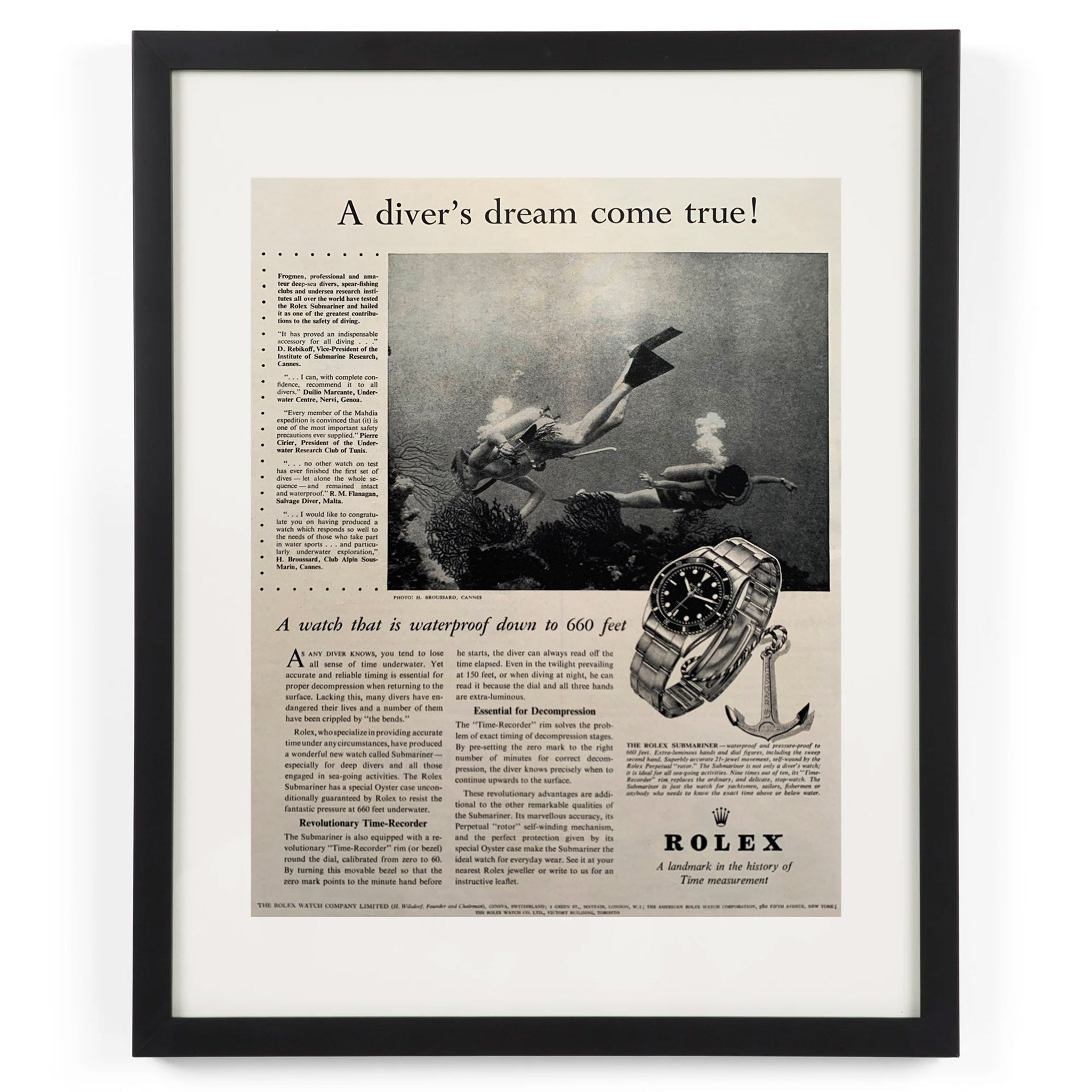 Framed Rolex Submariner a Diver's Dream Advertisement