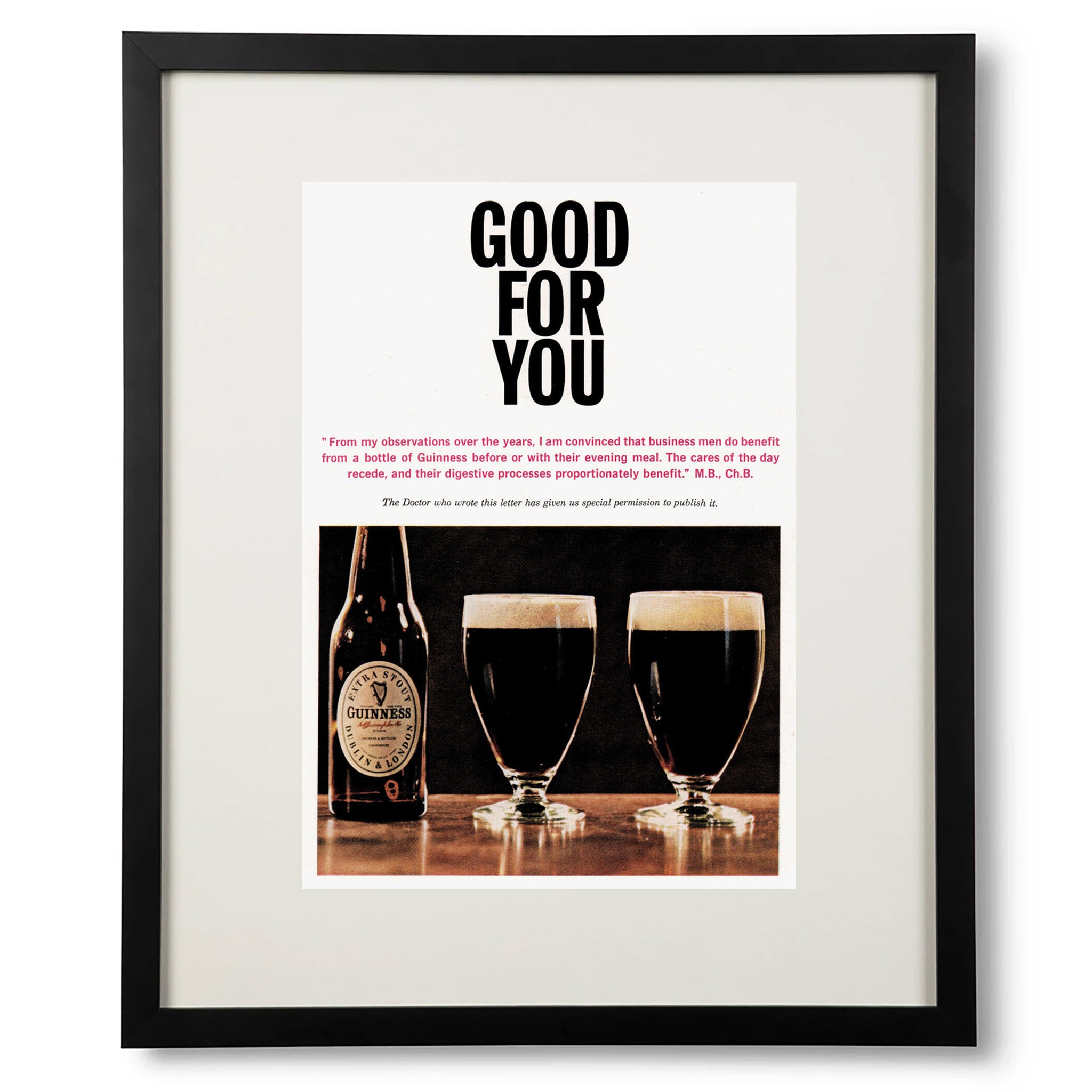 Framed 1960s Guinness Stout Good For You Advertisement