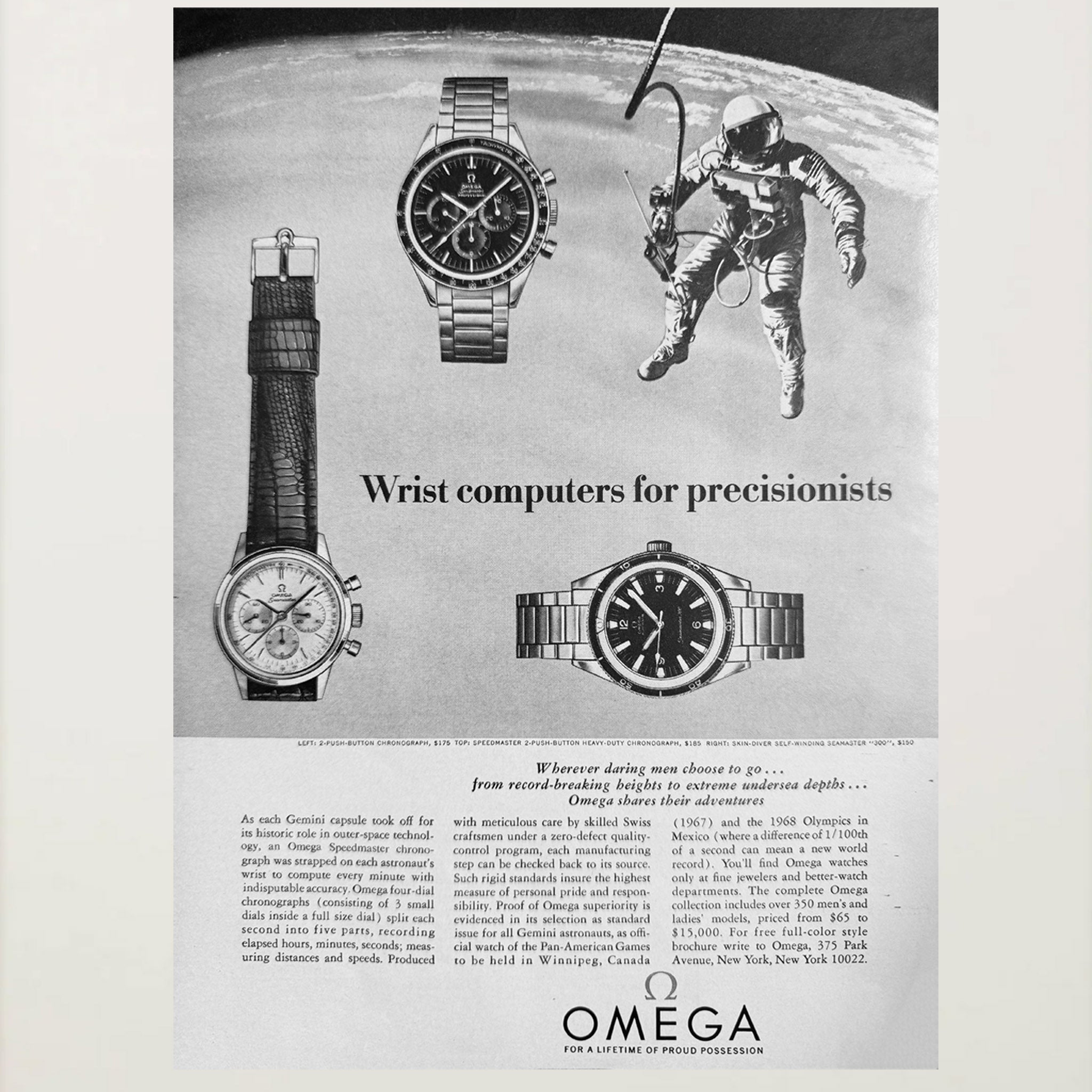 Framed 1960s Omega "Wrist Computers for Precisionists" Advertisement