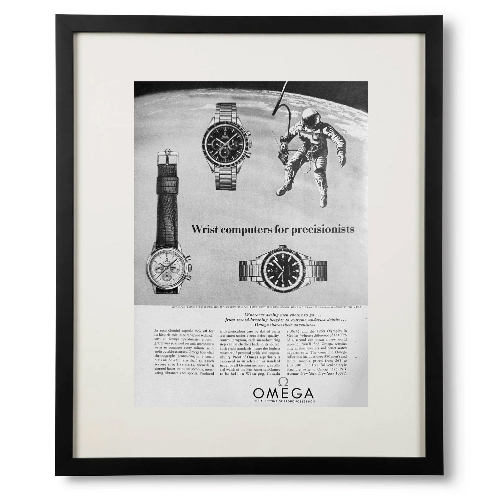 Framed 1960s Omega "Wrist Computers for Precisionists" Advertisement