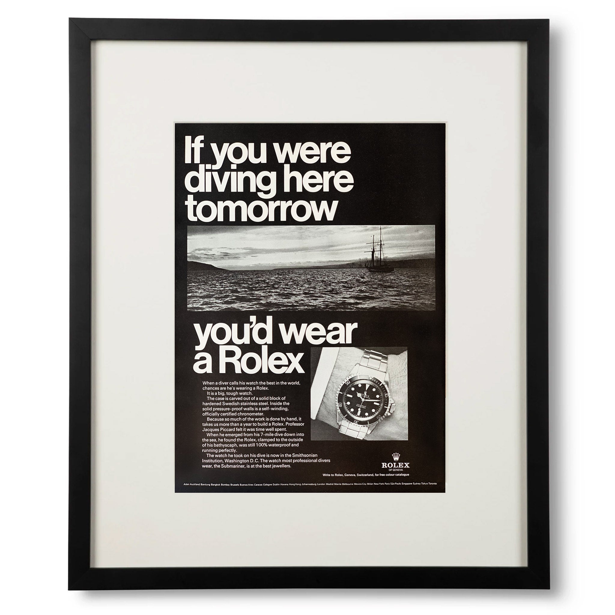 Framed Vintage Rolex Submariner Diving Advertisement