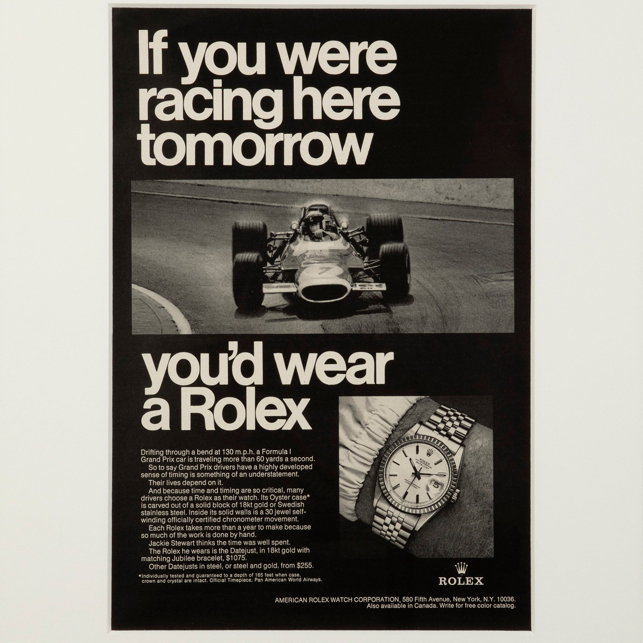 Framed Vintage Rolex Datejust Formula 1 Grand Prix Ad
