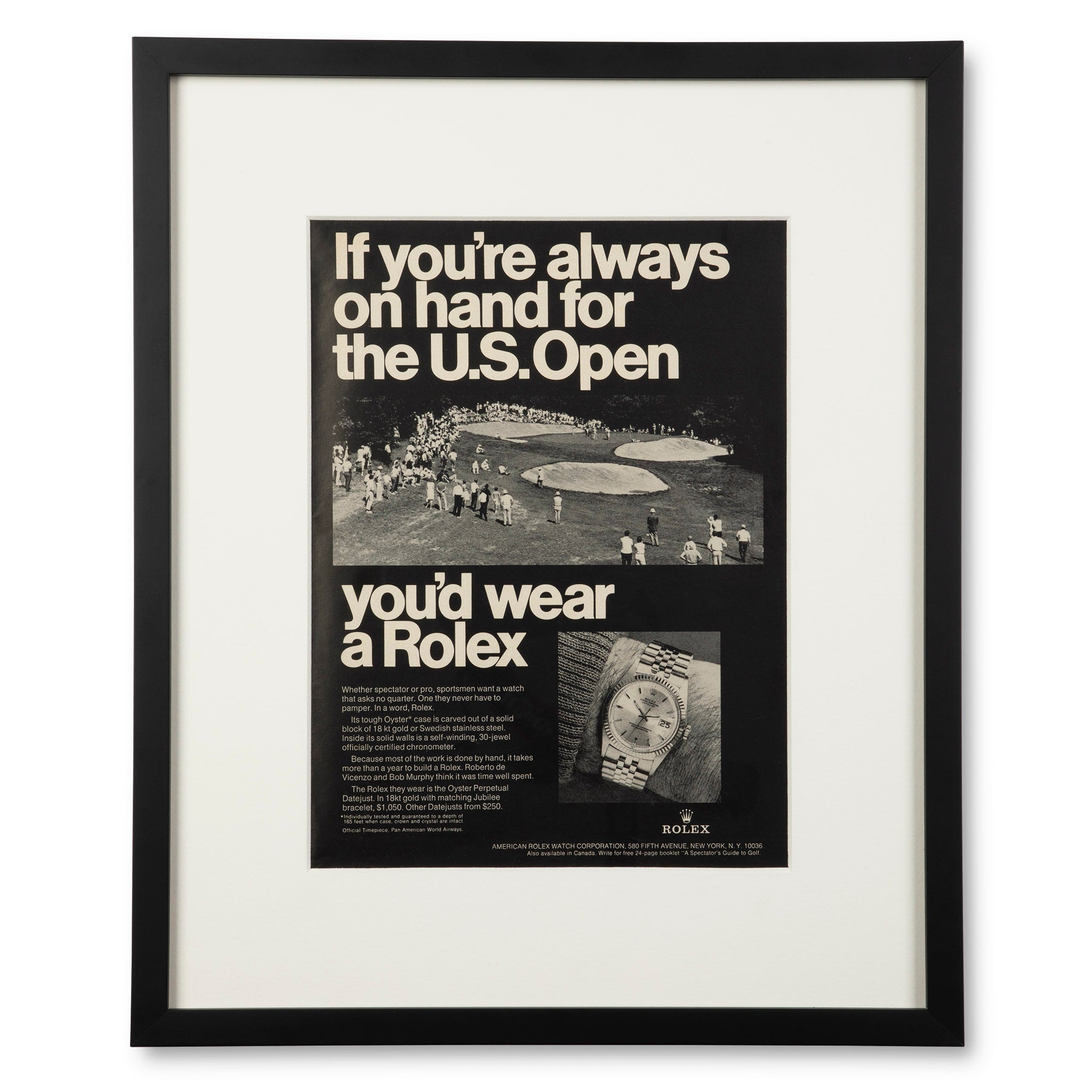 Framed Vintage Rolex Oyster Perpetual U.S. Open Advertisement