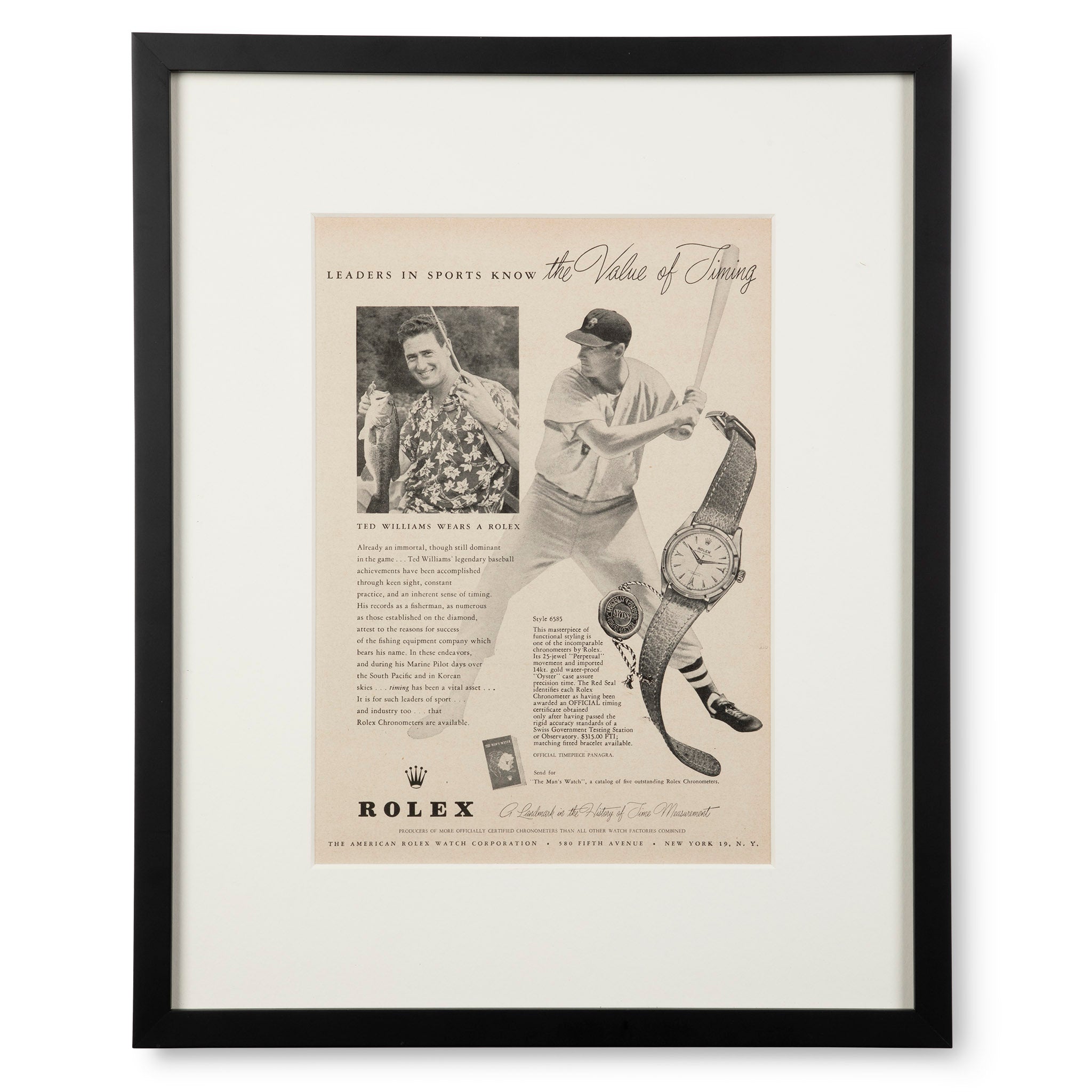 Framed Vintage Rolex Ted Williams Advertisement