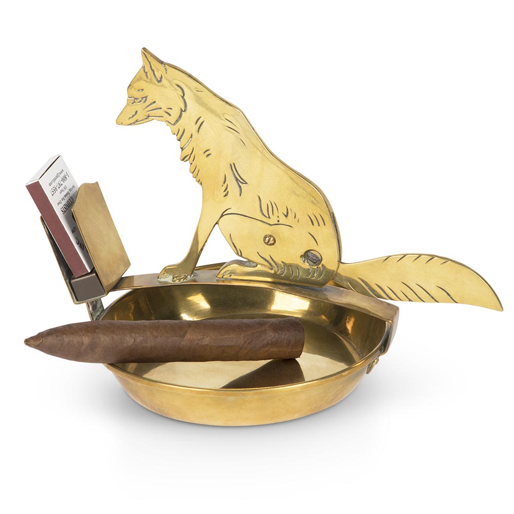 Art Deco Brass Fox Cigar Cutter & Ashtray
