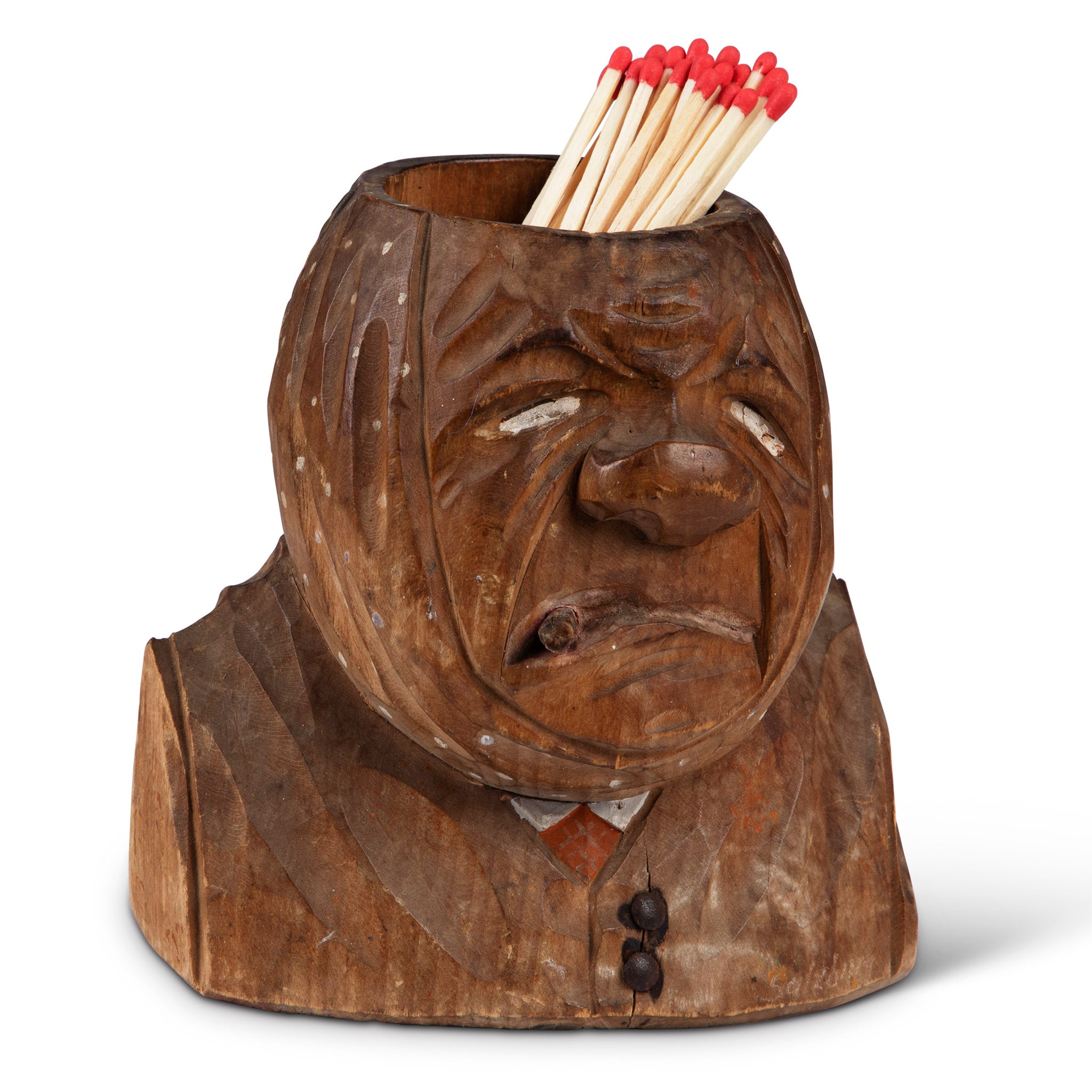 Folk Art Wooden Man with Cigar Matchstick Holder