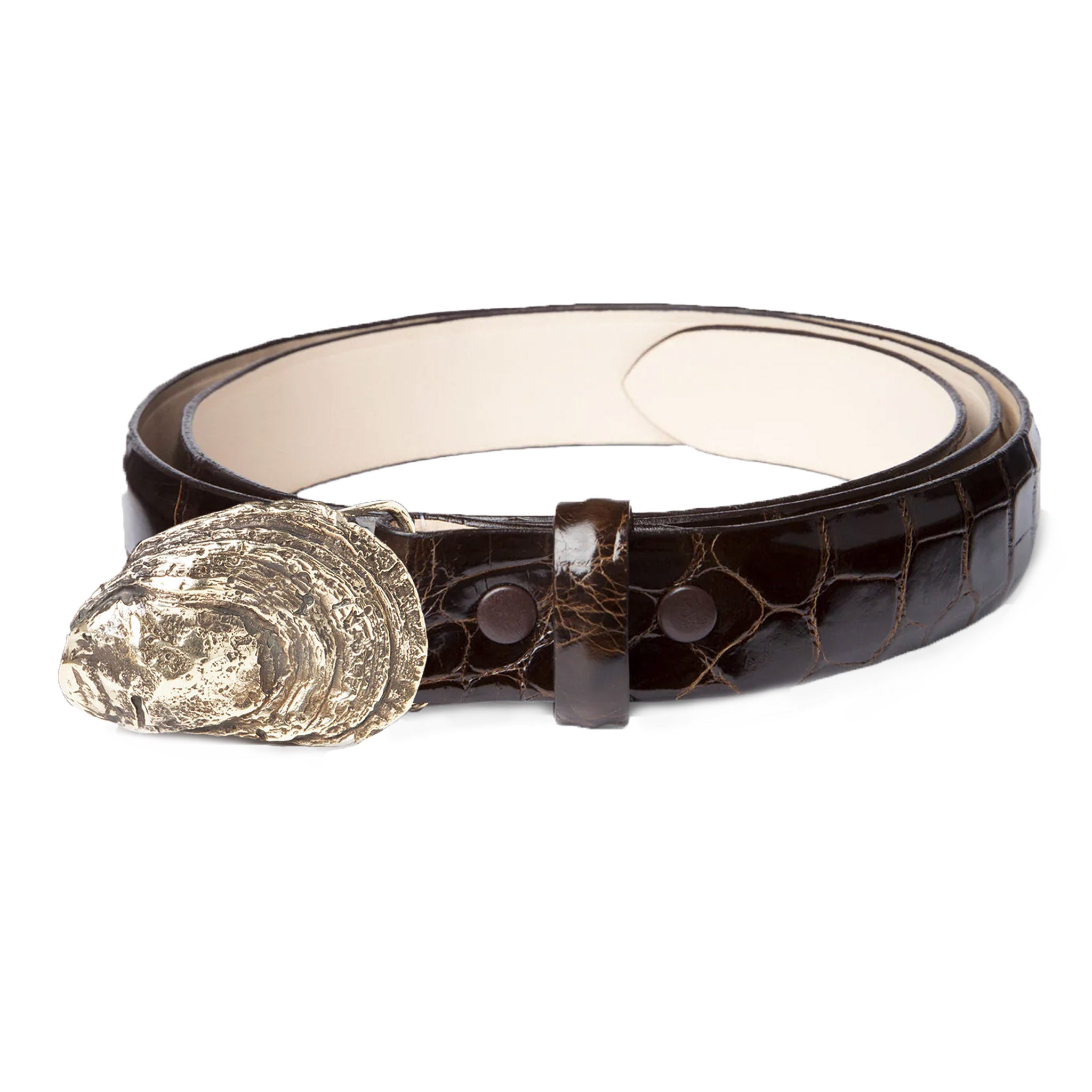 Oyster Shell Buckle with Glazed Brown Alligator Leather Belt Strap