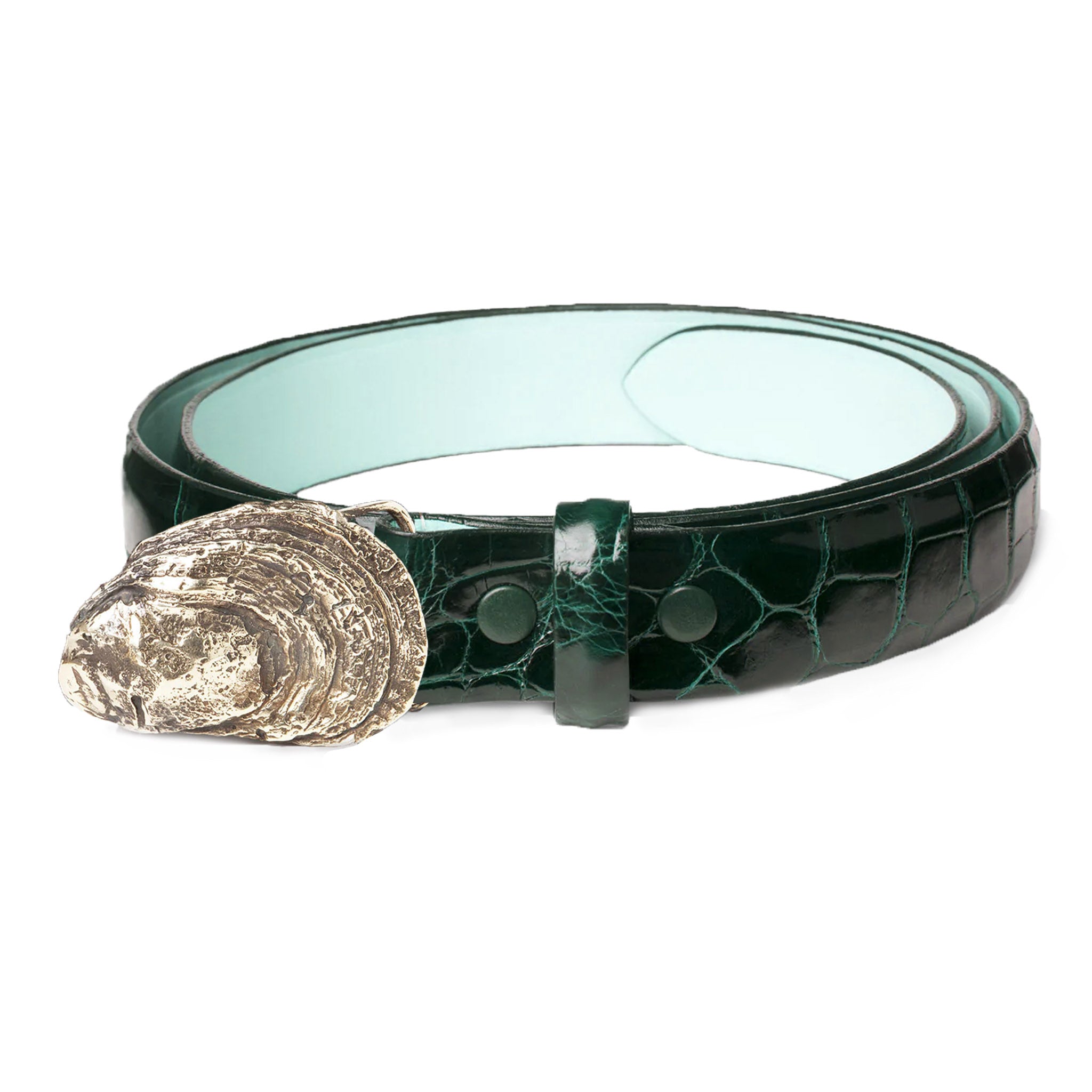 Oyster Shell Buckle with Glazed Forest Green Alligator Belt