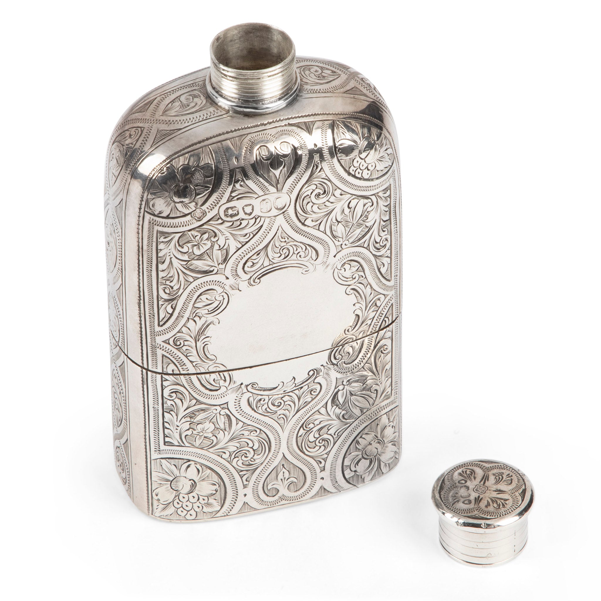 Antique Sterling Silver Engraved Hip Flask