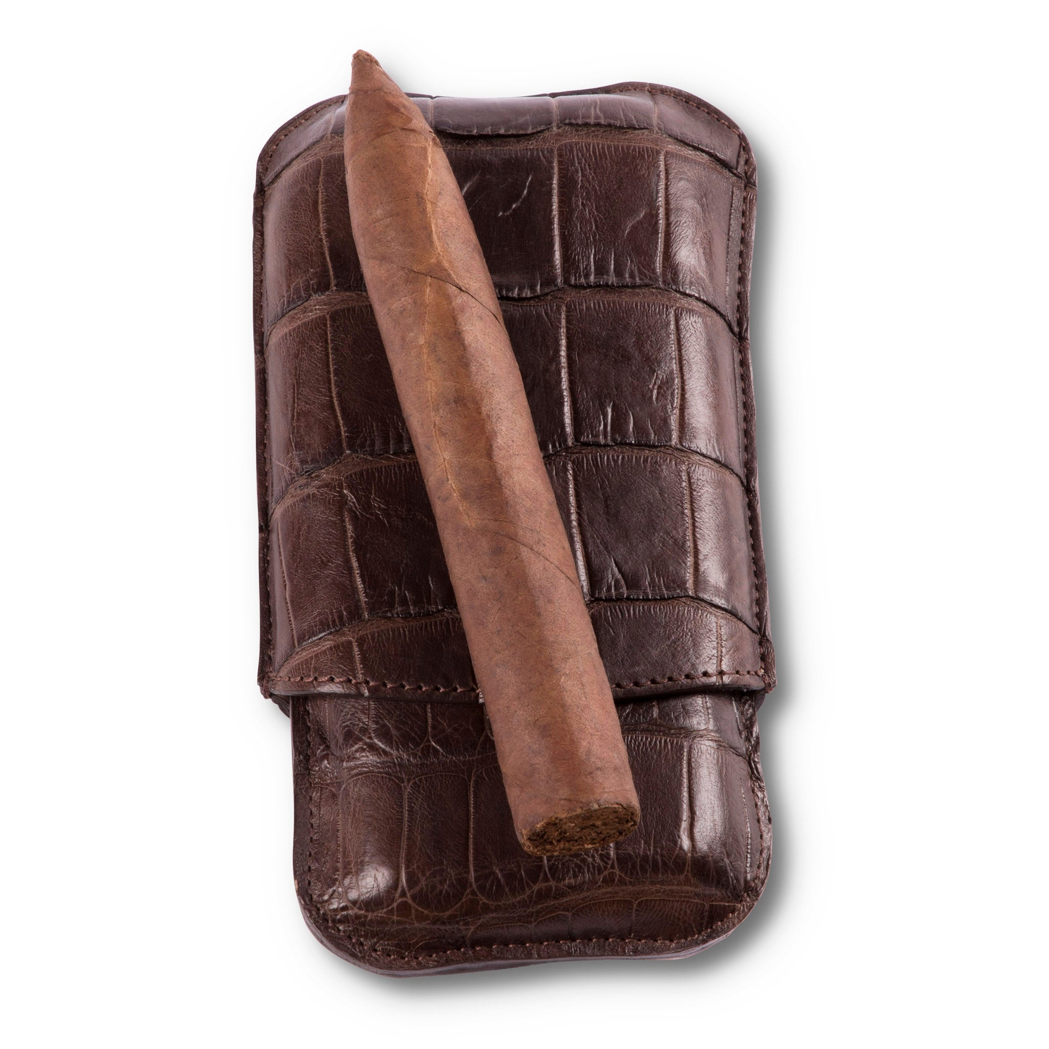 Chocolate Brown Alligator Leather Three Cigar Case