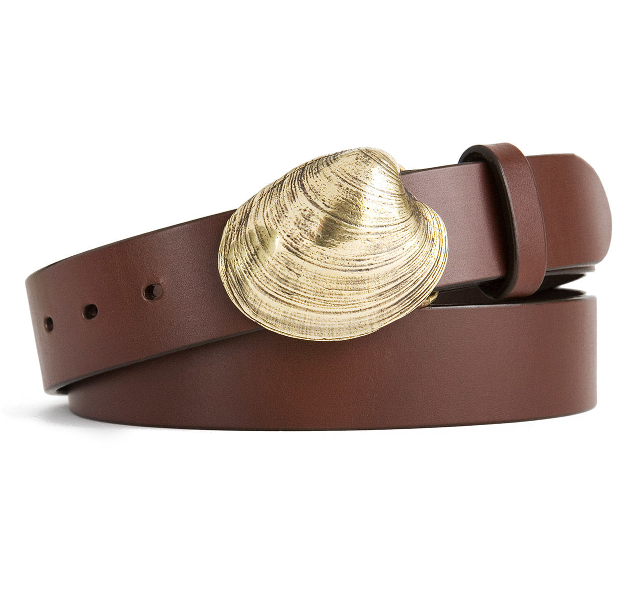 Quahog Shell Buckle with Brown Leather Belt