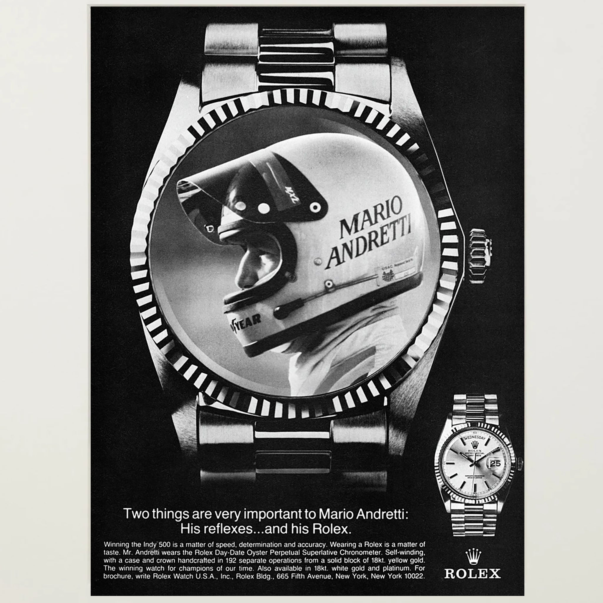Framed Vintage Rolex Mario Andretti Advertisement
