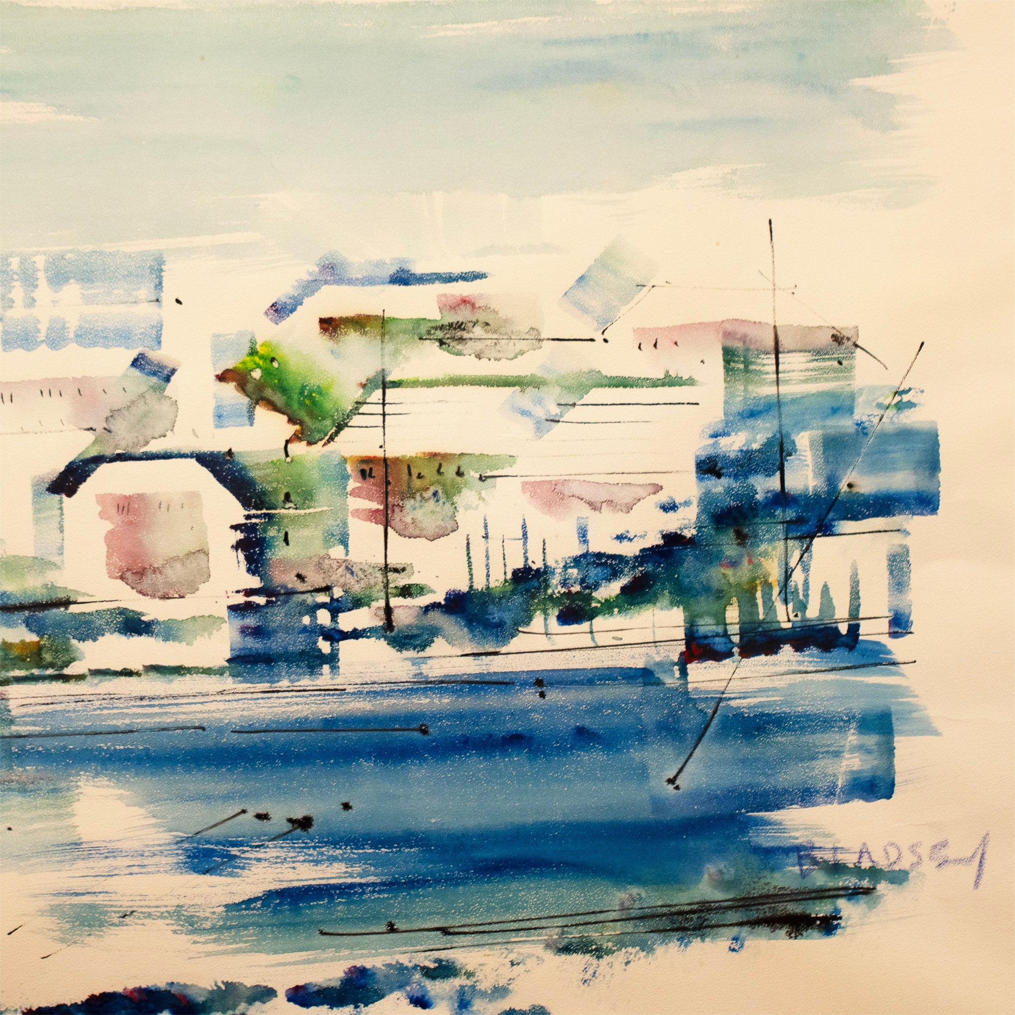 Original Alfred Birdsey Bermuda Coastal Watercolor – Pink Houses & Turquoise Sea