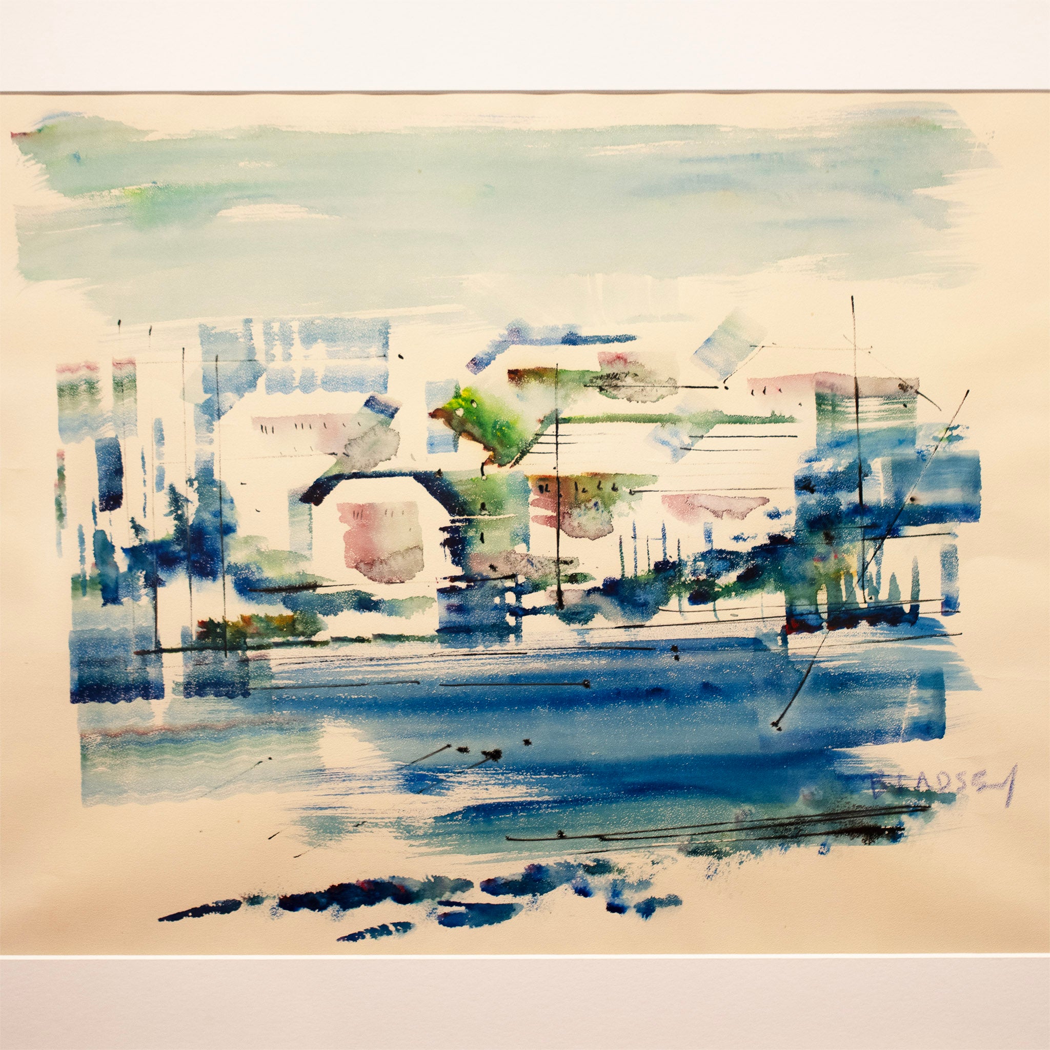 Original Alfred Birdsey Bermuda Coastal Watercolor – Pink Houses & Turquoise Sea