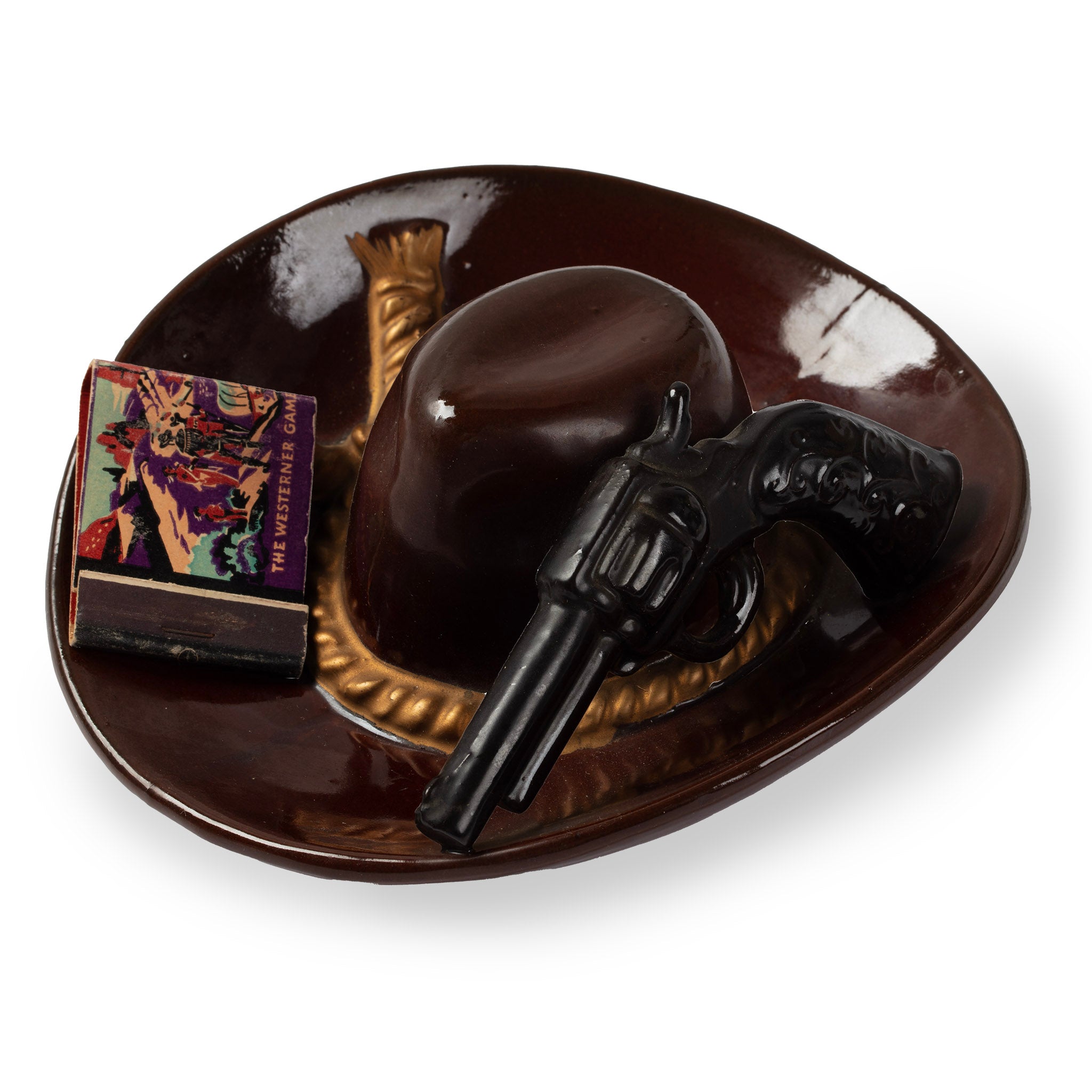 Vintage Ceramic Cowboy Hat & Revolver Ashtray